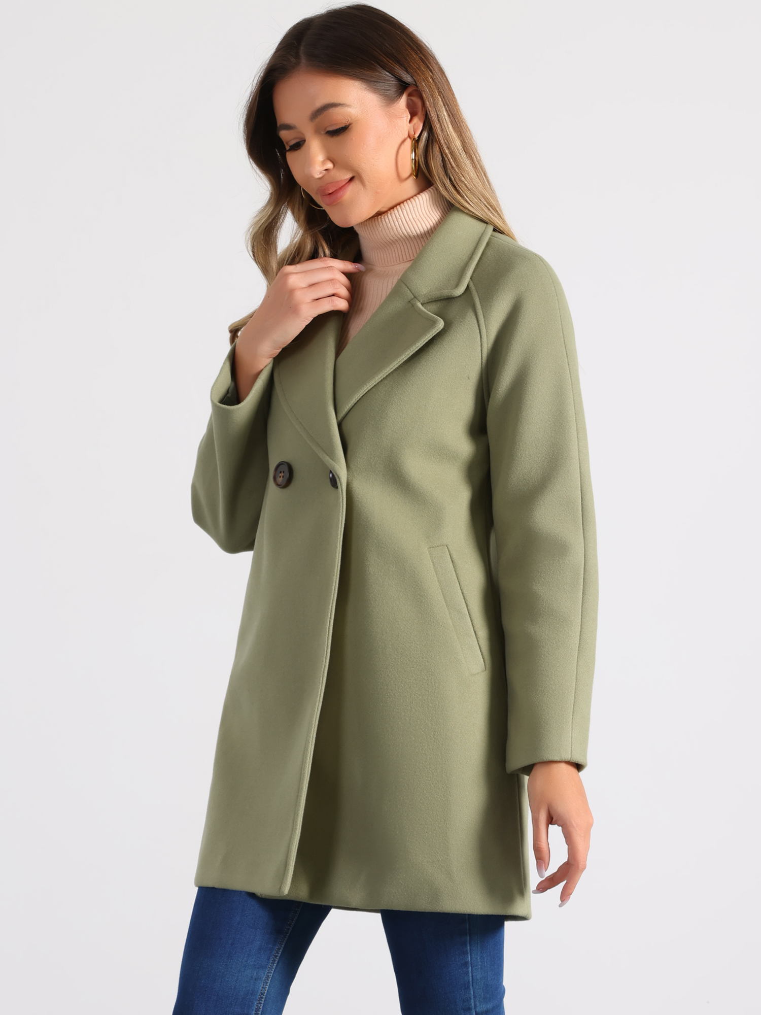 Notched Lapel Raglan Double Breasted Winter Coat Pea Green/S