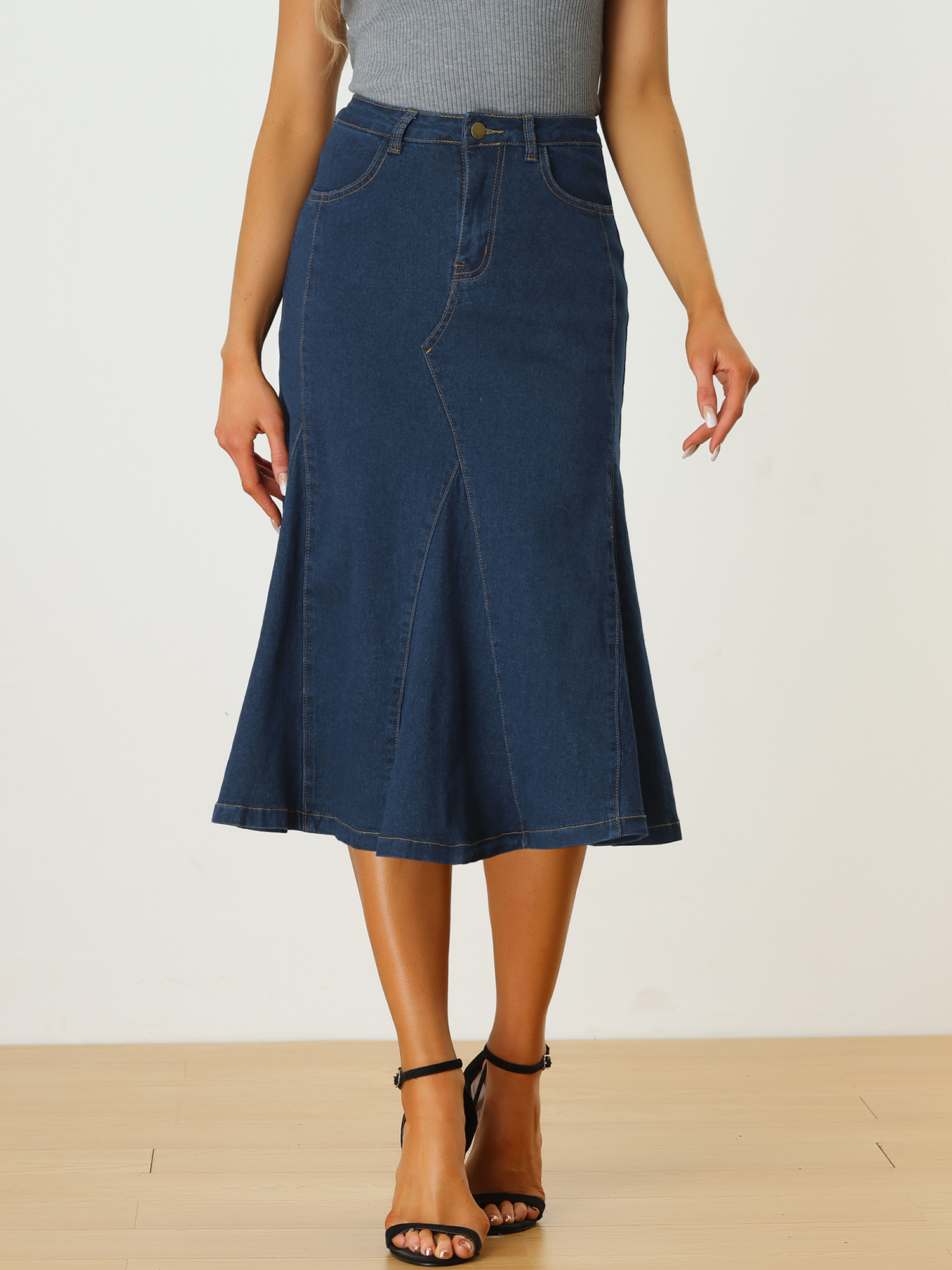 Casual Denim High Waisted A-Line Flared Midi Skirt Dark Blue/2XL