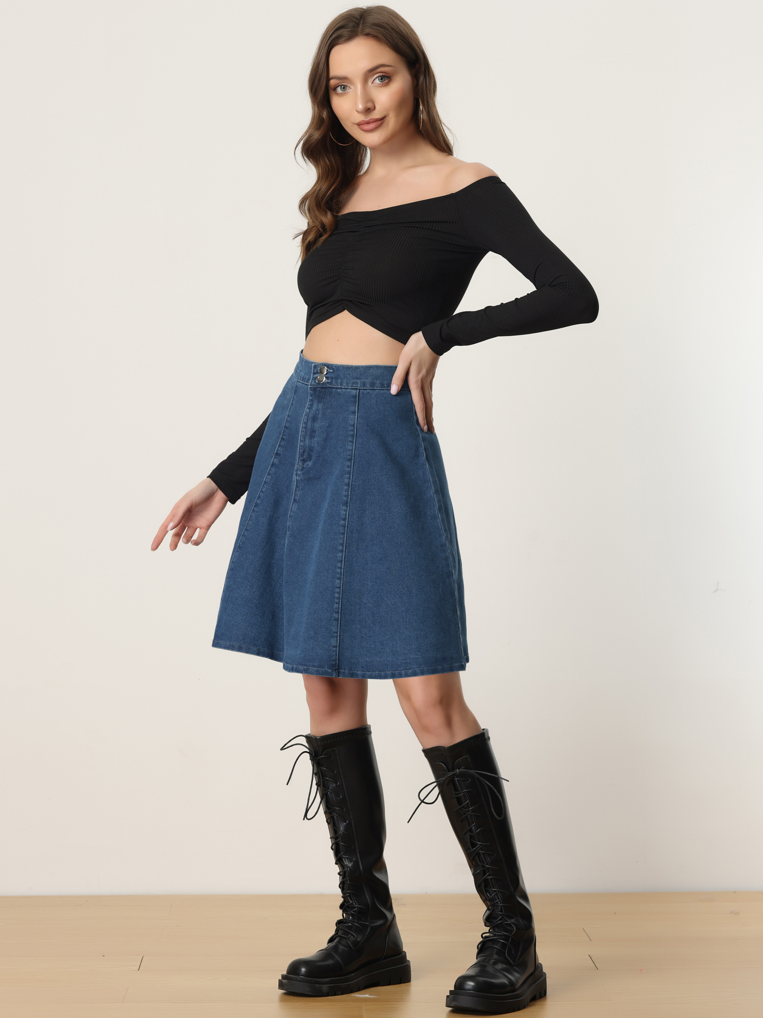 High Waisted A-Line Flared Casual Denim Midi Jean Skirt Dark Blue/3XL