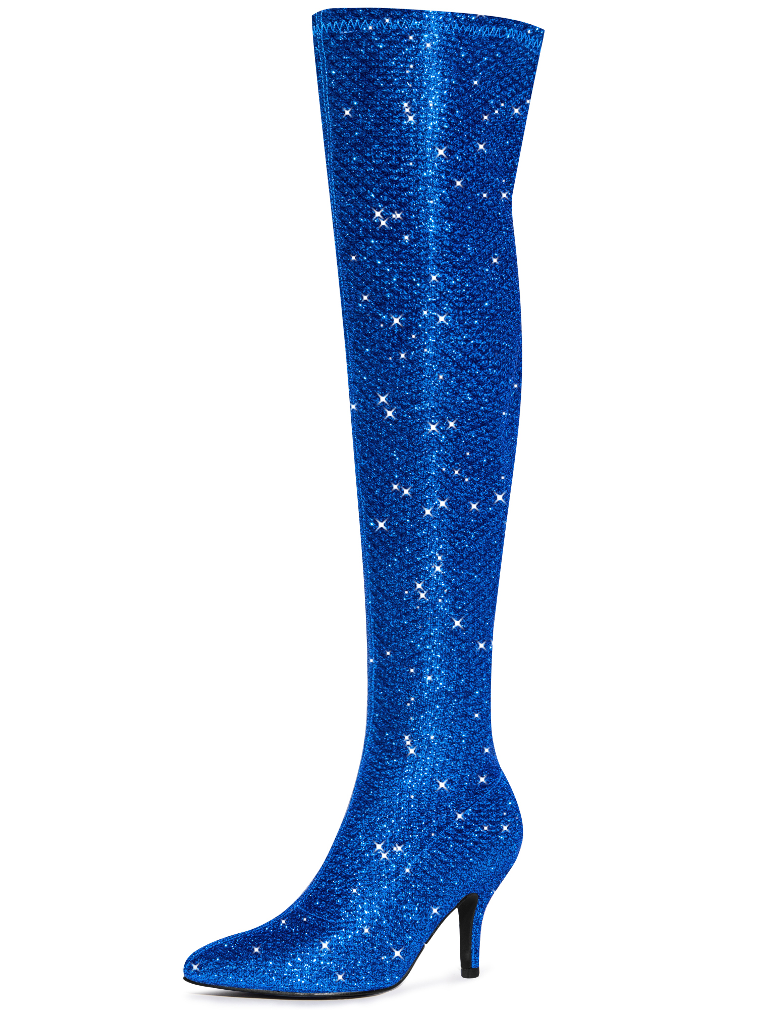 Glitter Pointed Toe Stiletto Heel Over the Knee High Boots Deep Blue/7