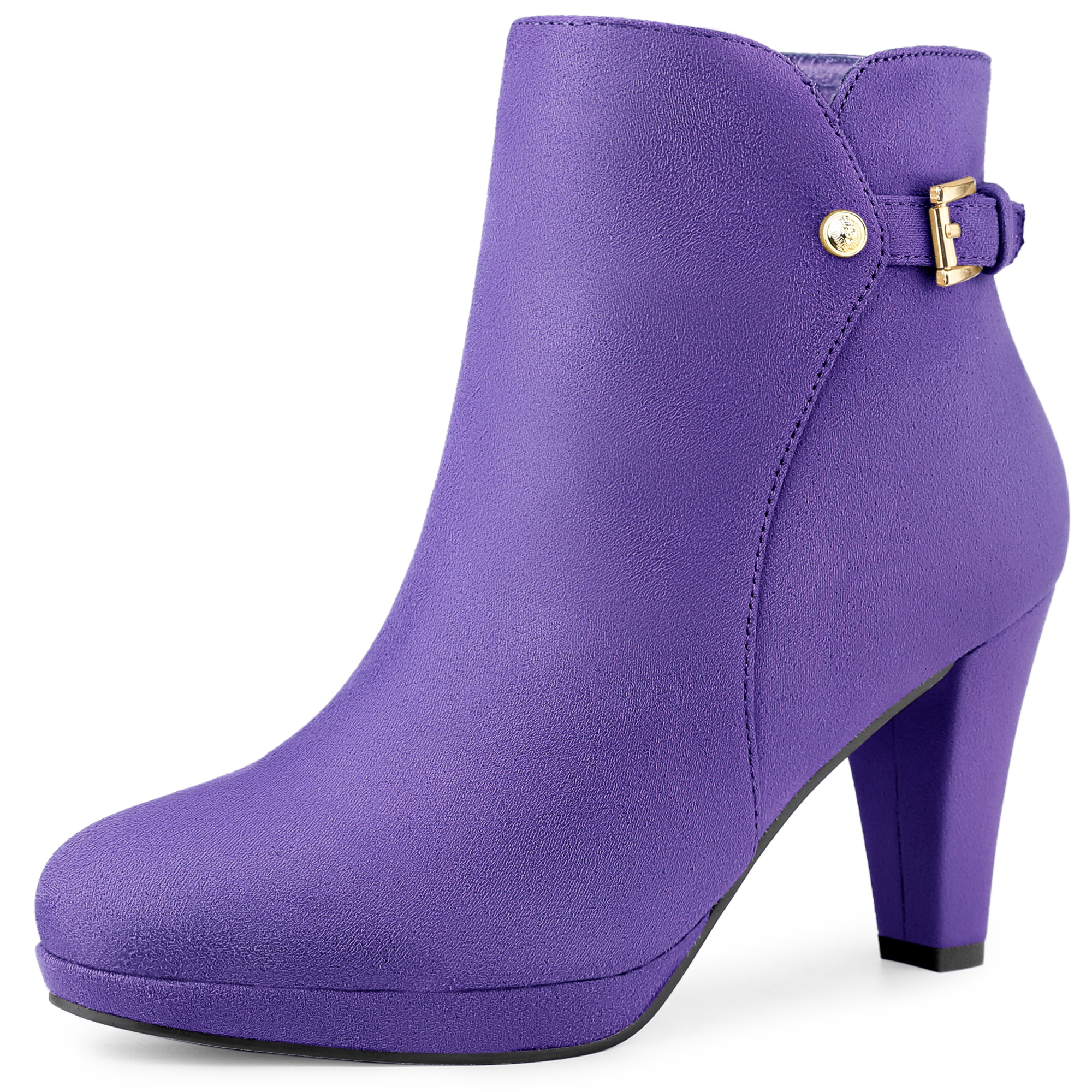 Women's Low Platform Side Zip Buckle Chunky High Heel Ankle Booties Purple/6.5