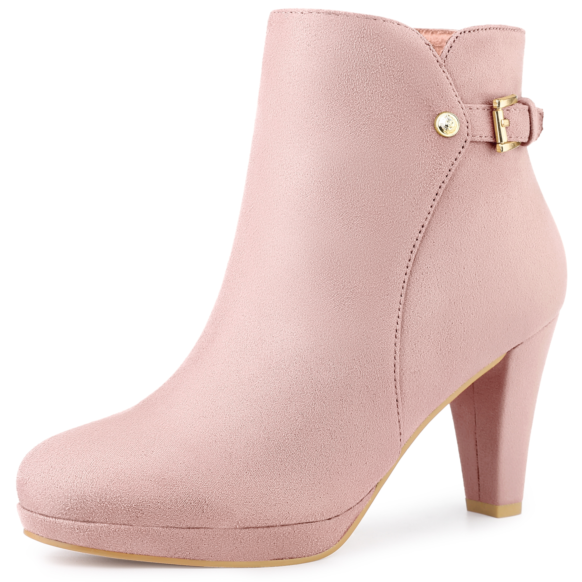 Women's Low Platform Side Zip Buckle Chunky High Heel Ankle Booties Dust Pink/9.5