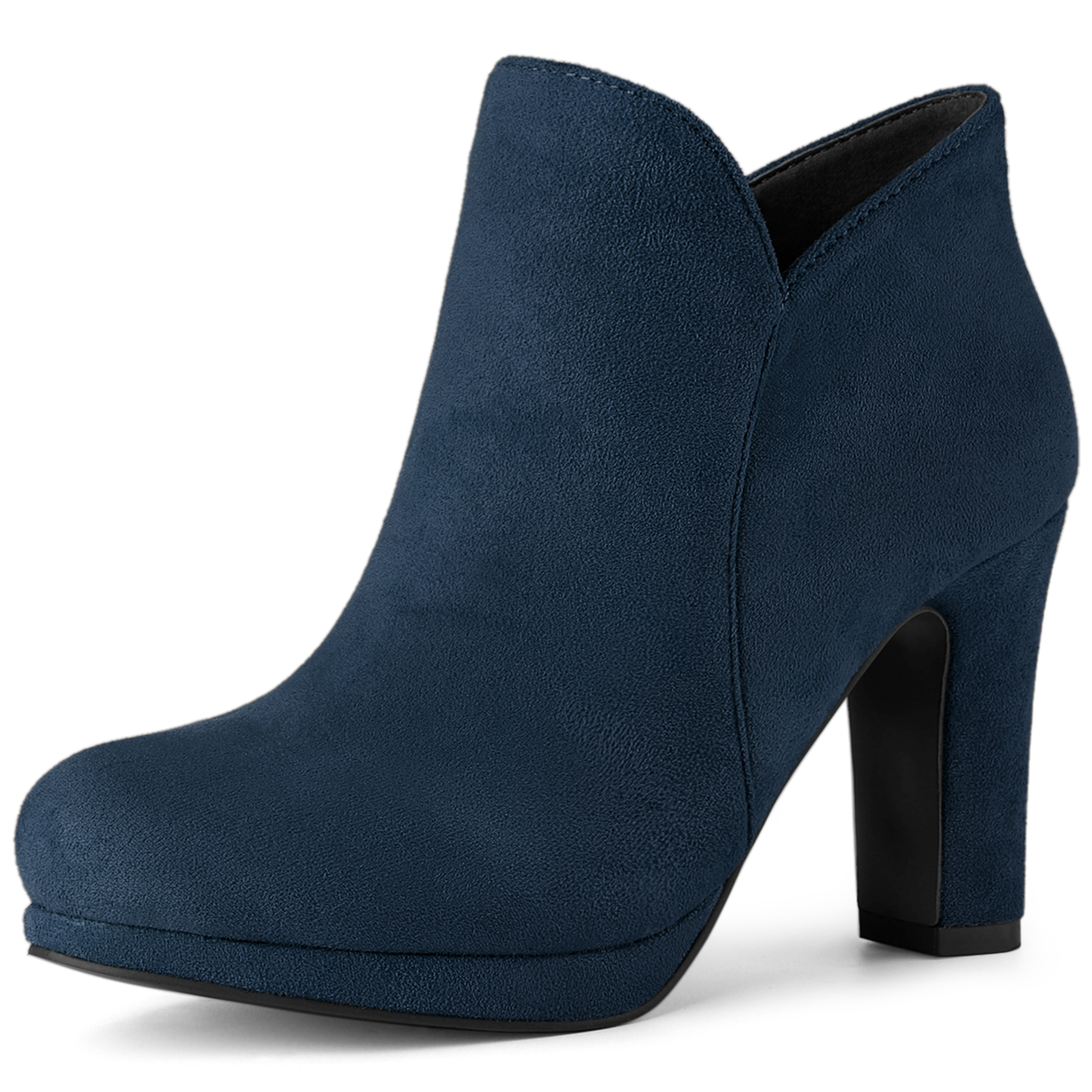 Round Toe Chunky Heel Ankle Heel Boots Navy Blue/9