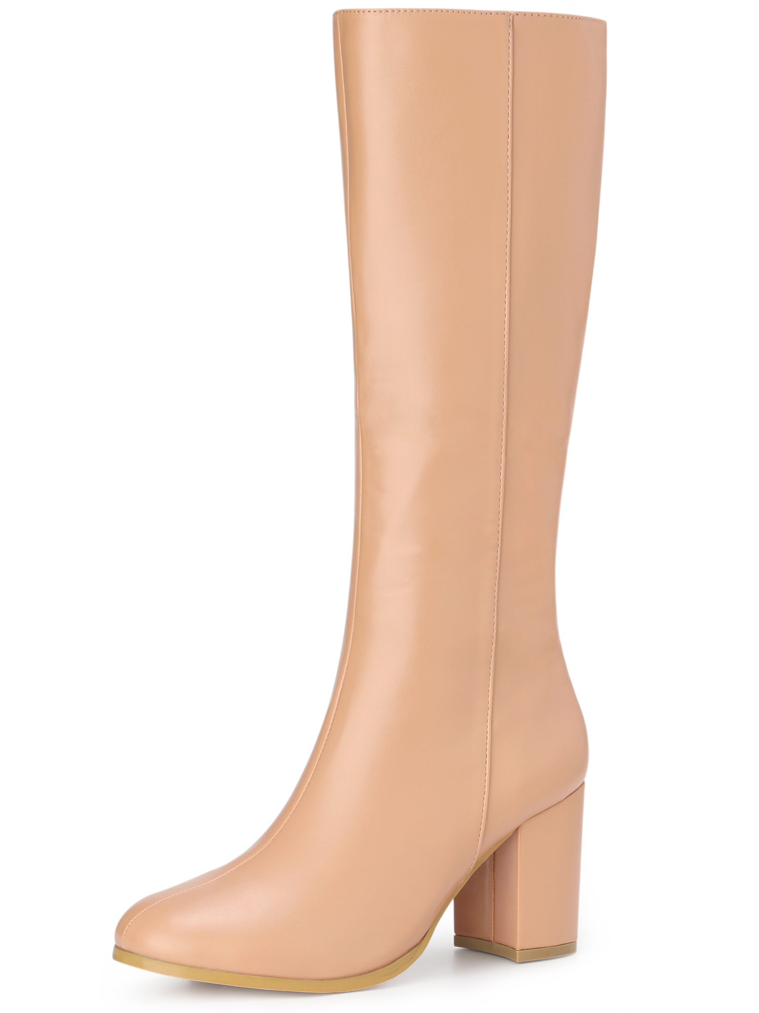 Round Toe Zip Block Heel Knee High Boots Nude/6
