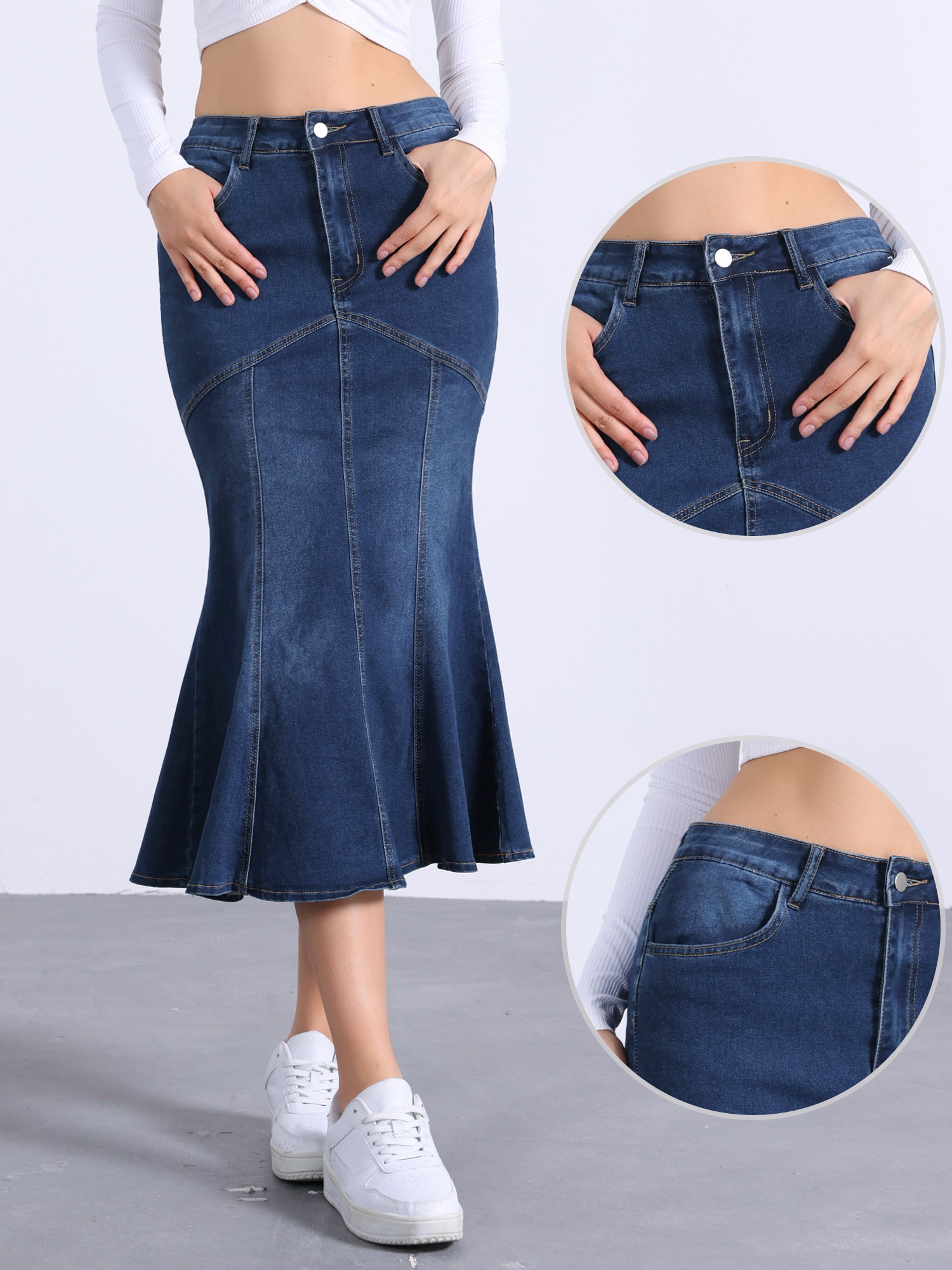 Fishtail Denim Washed Midi Jean Bodycon Skirt Dark Blue/M