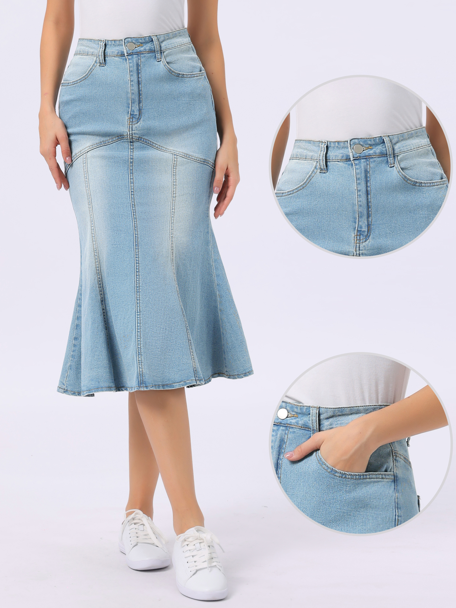 Fishtail Denim Washed Midi Jean Bodycon Skirt Light Blue/S