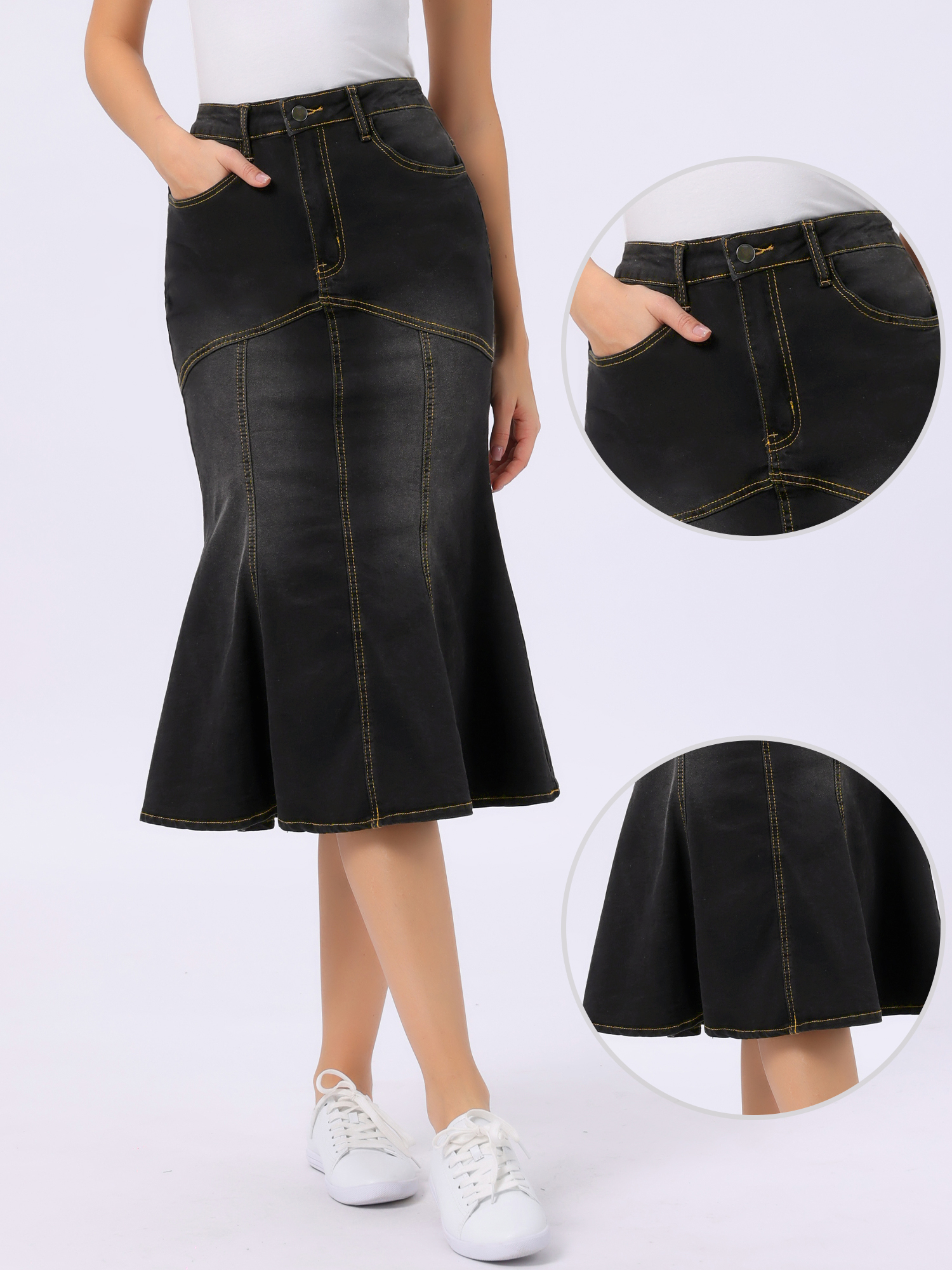 Fishtail Denim Washed Midi Jean Bodycon Skirt Black/M
