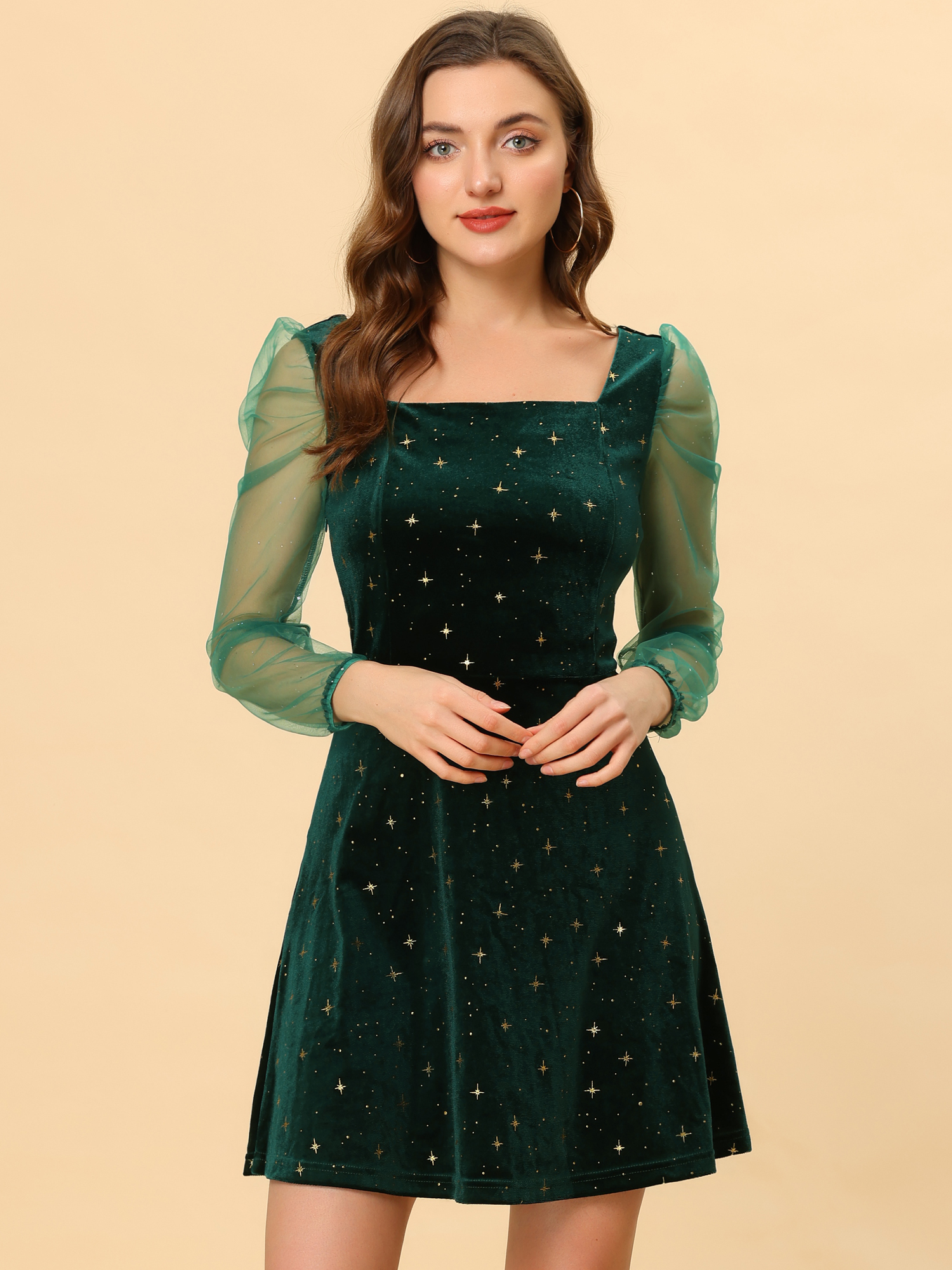 Sheer Puff Sleeve Square Neck Glitter Metallic Star Velvet Mini Dress Green/3XL