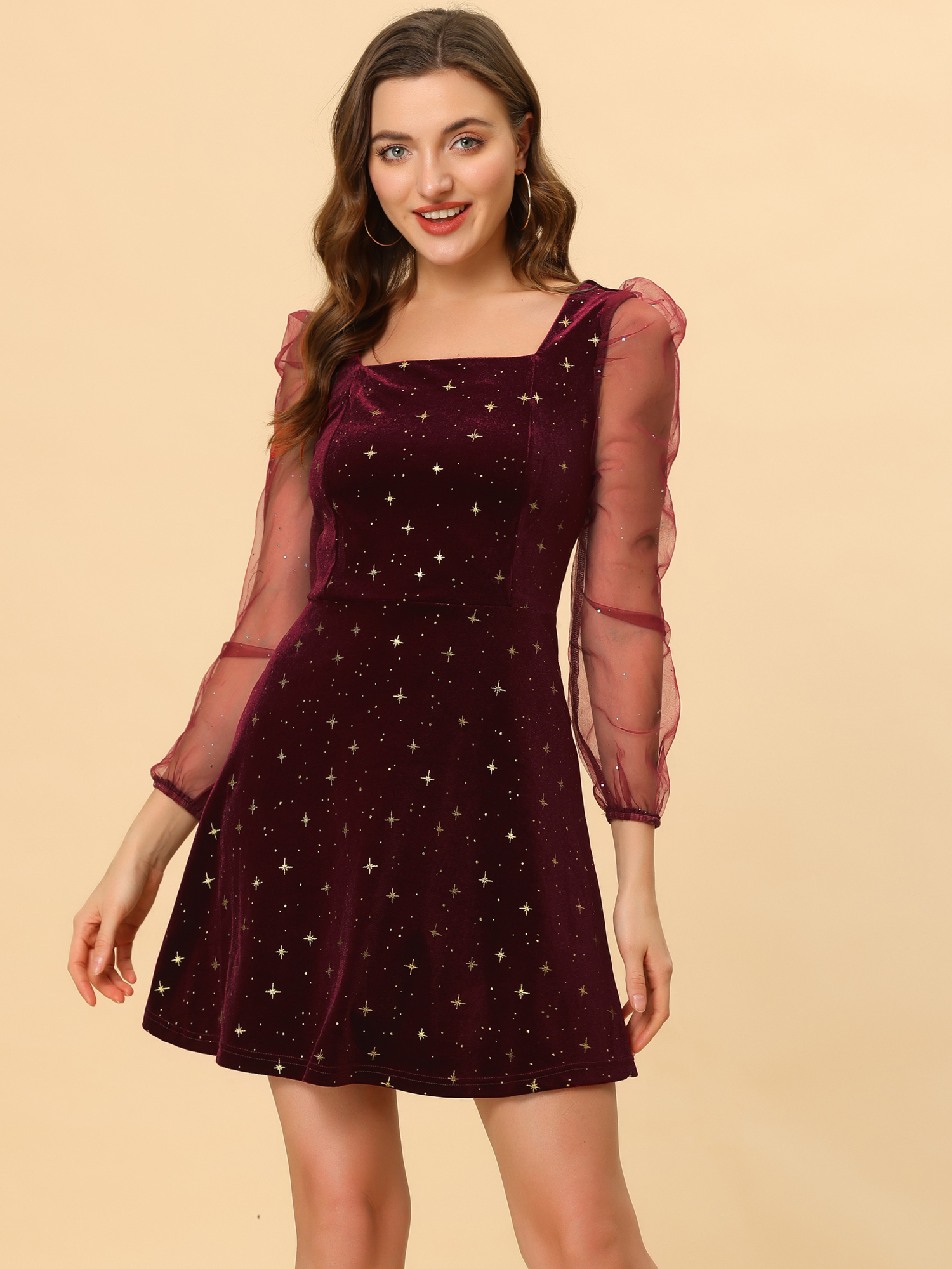 Sheer Puff Sleeve Square Neck Glitter Metallic Star Velvet Mini Dress Red/3XL
