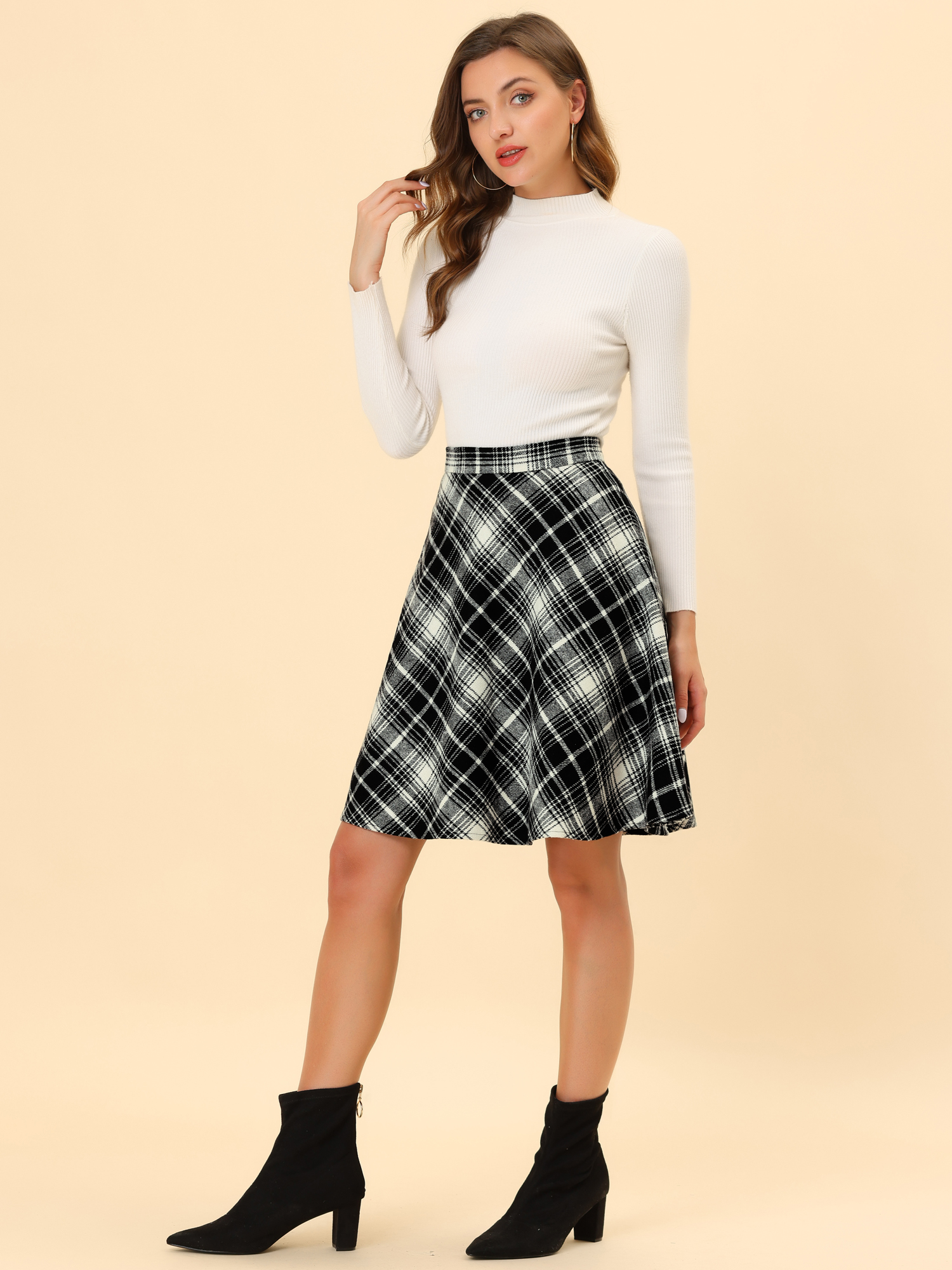 Plaid Tartan Vintage Elastic Waist Knee Length A-Line Skirt Black/2XL