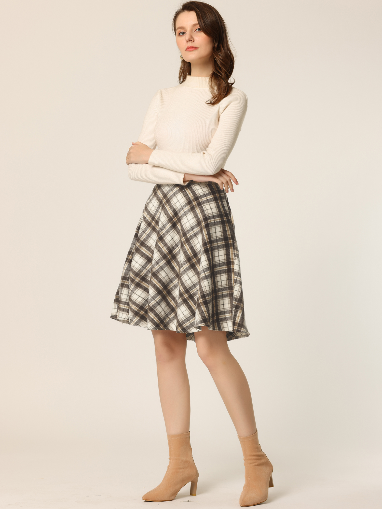 Plaid Tartan Vintage Elastic Waist Knee Length A-Line Skirt Khaki/2XL