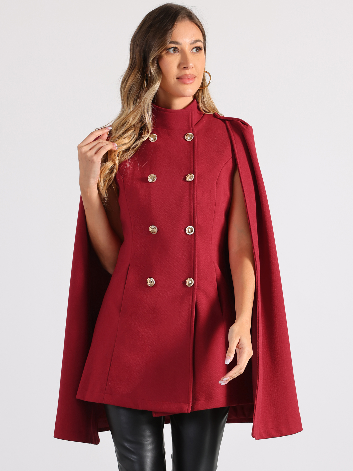Winter Slit Sleeve Double Breasted Cloak Cape Coat Burgundy/XS