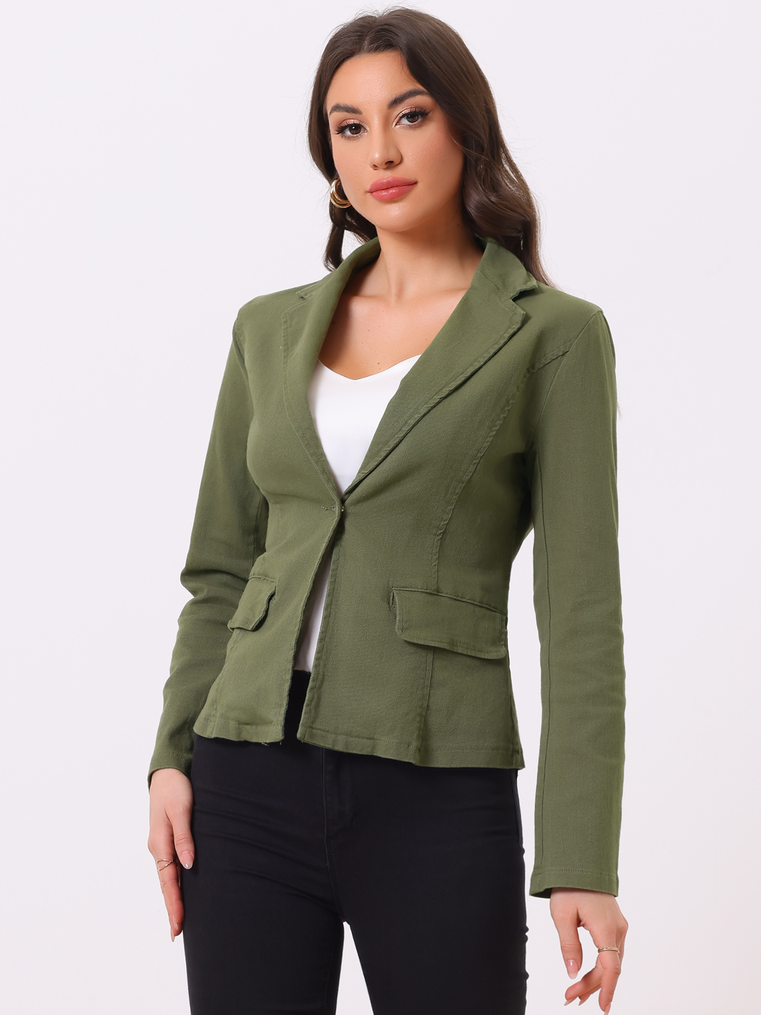 Notched Lapel One Button Long Sleeve Business Washed Denim Blazer Green/M