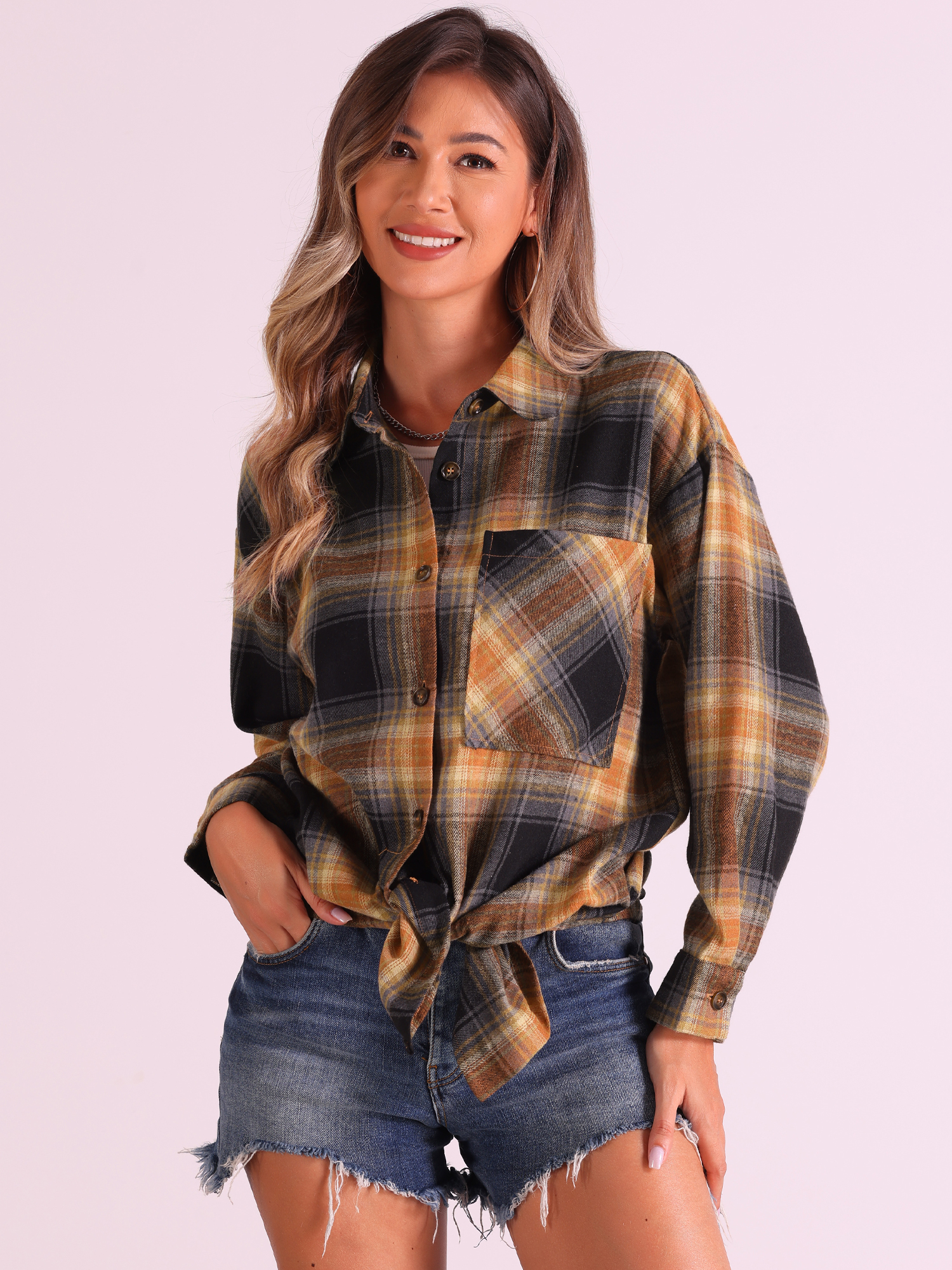 Flannel Plaid Oversized Long Sleeve Casual Button Down Shirt Black Caramel/XL