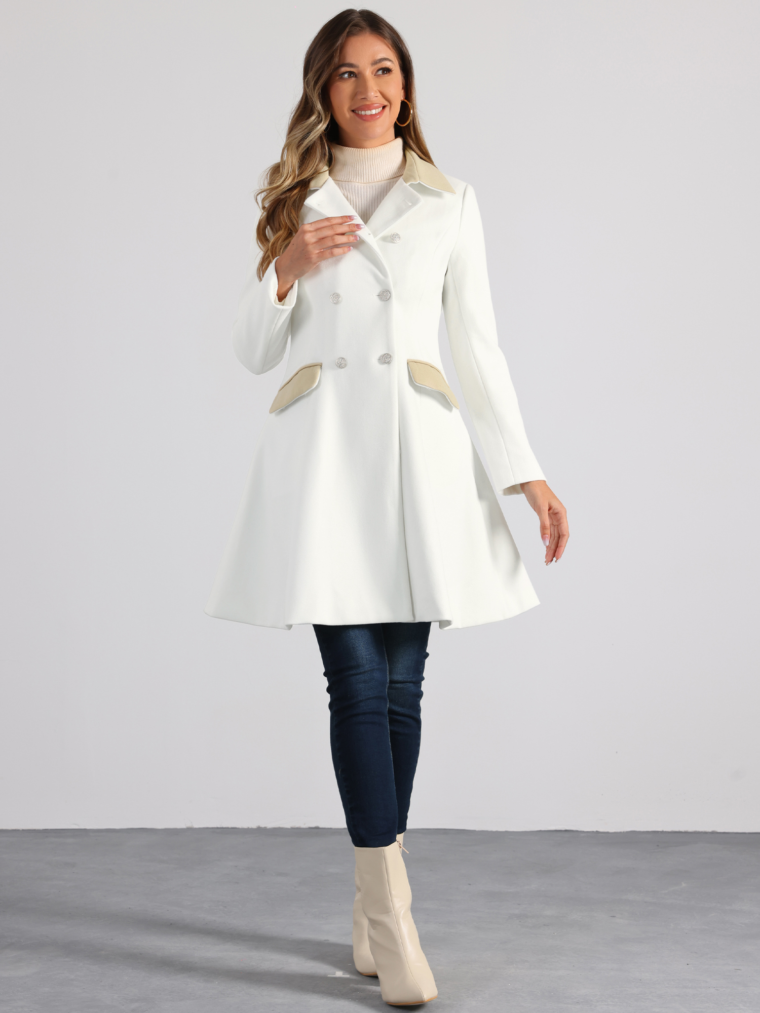 Winter Double Breasted Vintage A-line Flare Long Coat Cream White/L