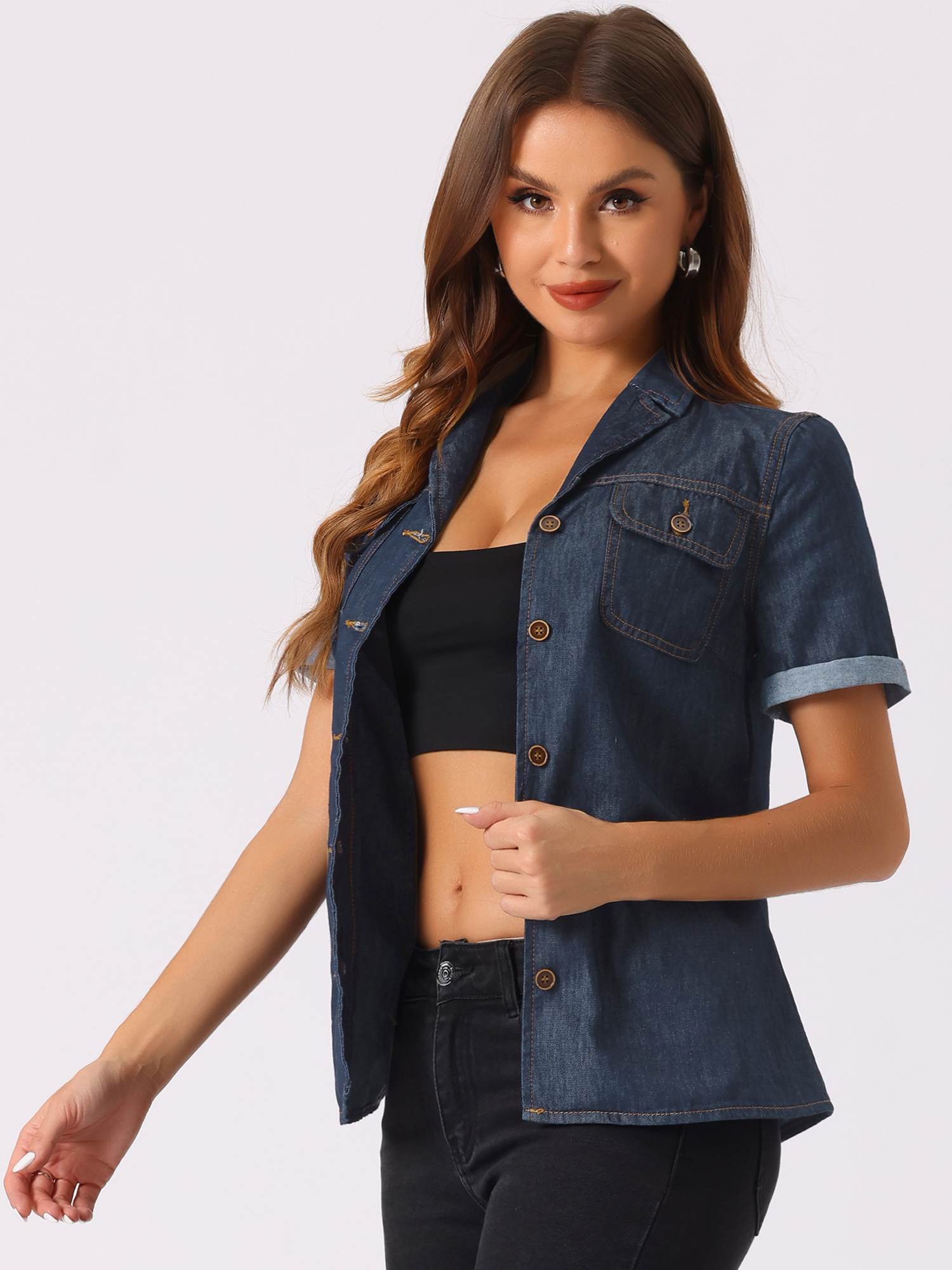 Button Up Collared Short Sleeve Pocket Classic Denim Shirt Deep Blue/XL