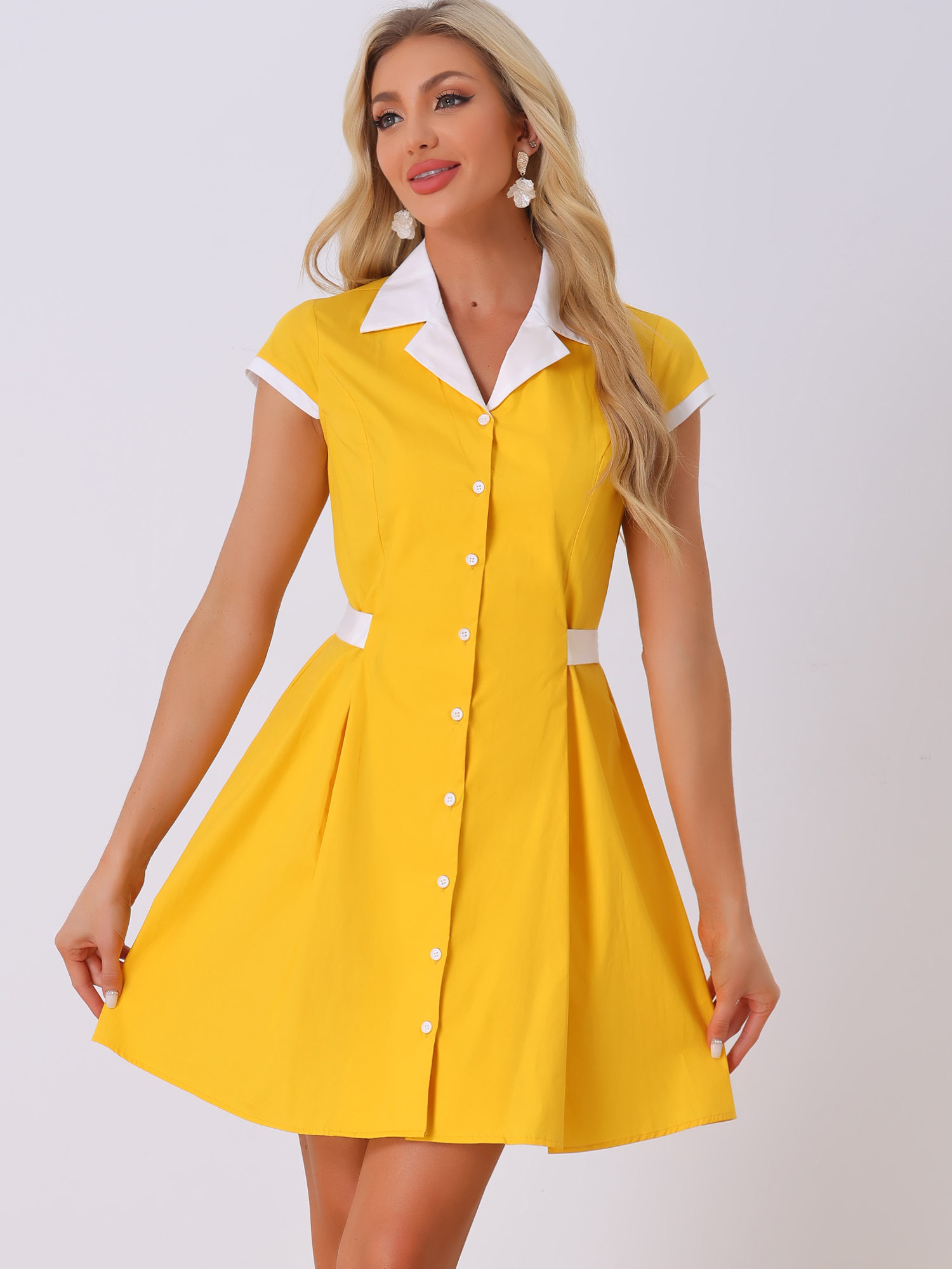 Retro Button Down Flat Collar Belted Office Mini Shirt Dress Yellow/XS