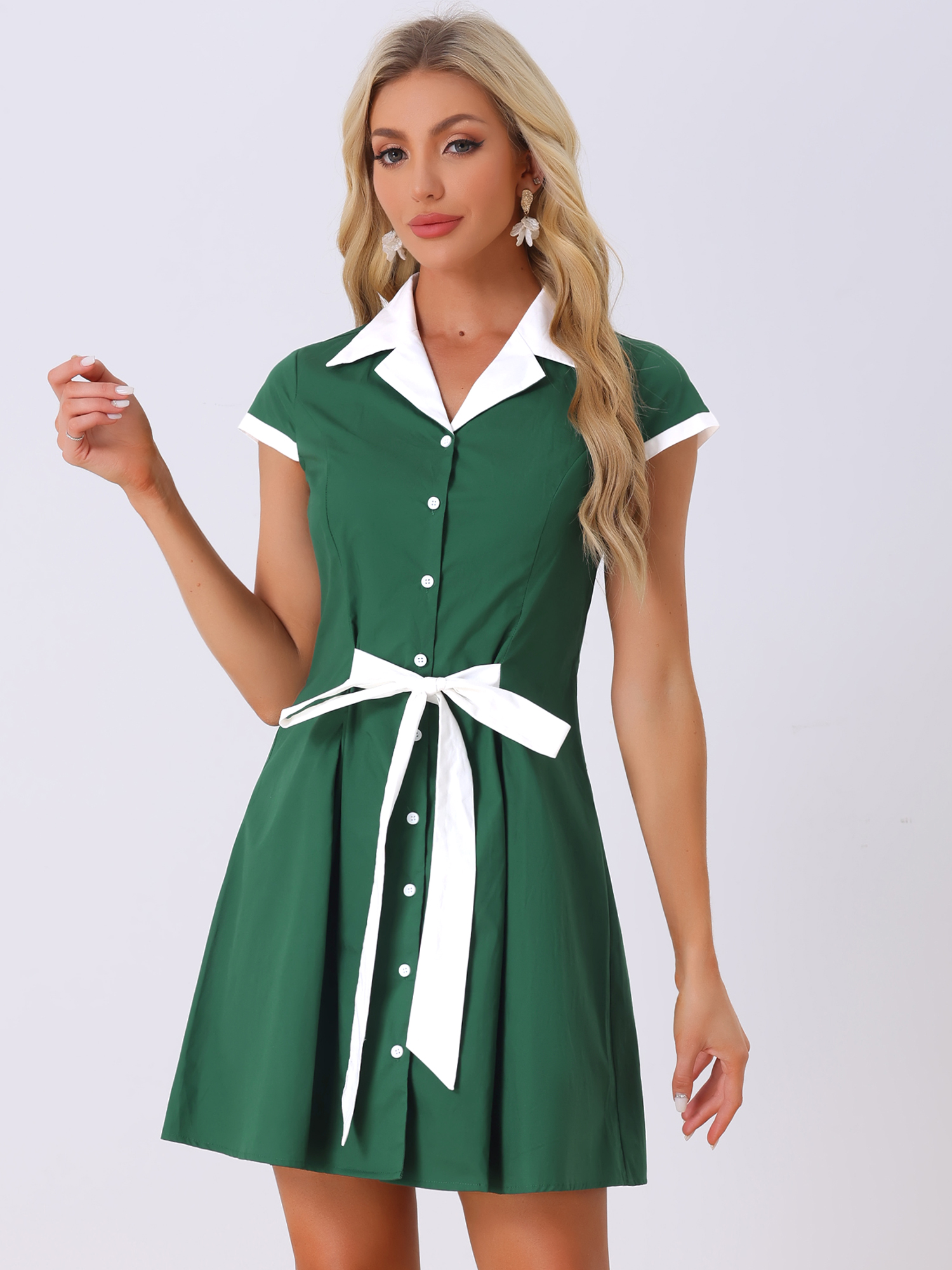 Retro Button Down Flat Collar Belted Office Mini Shirt Dress Dark Green/XS