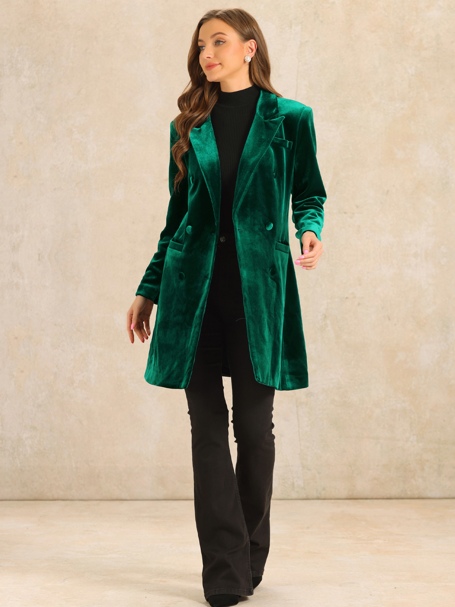 Velvet Notched Lapel Double-Breasted Long Outerwear Winter Coats Dark Green/S