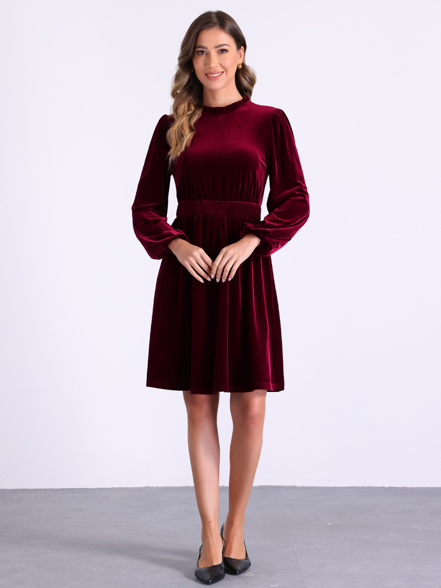 Velvet Smocked Waistline Long Sleeve Midi Dress Red/XL