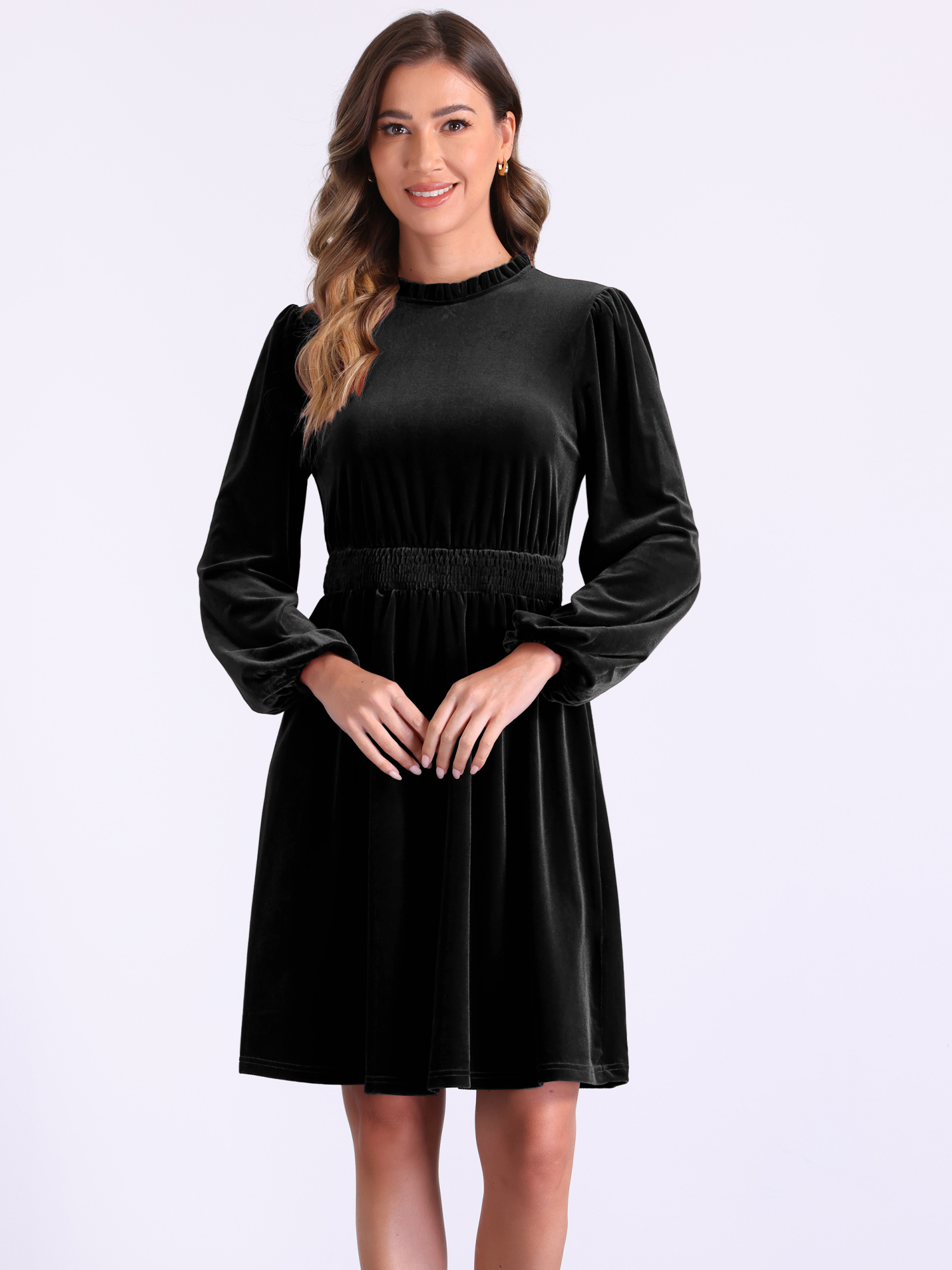 Velvet Smocked Waistline Long Sleeve Midi Dress Black/S