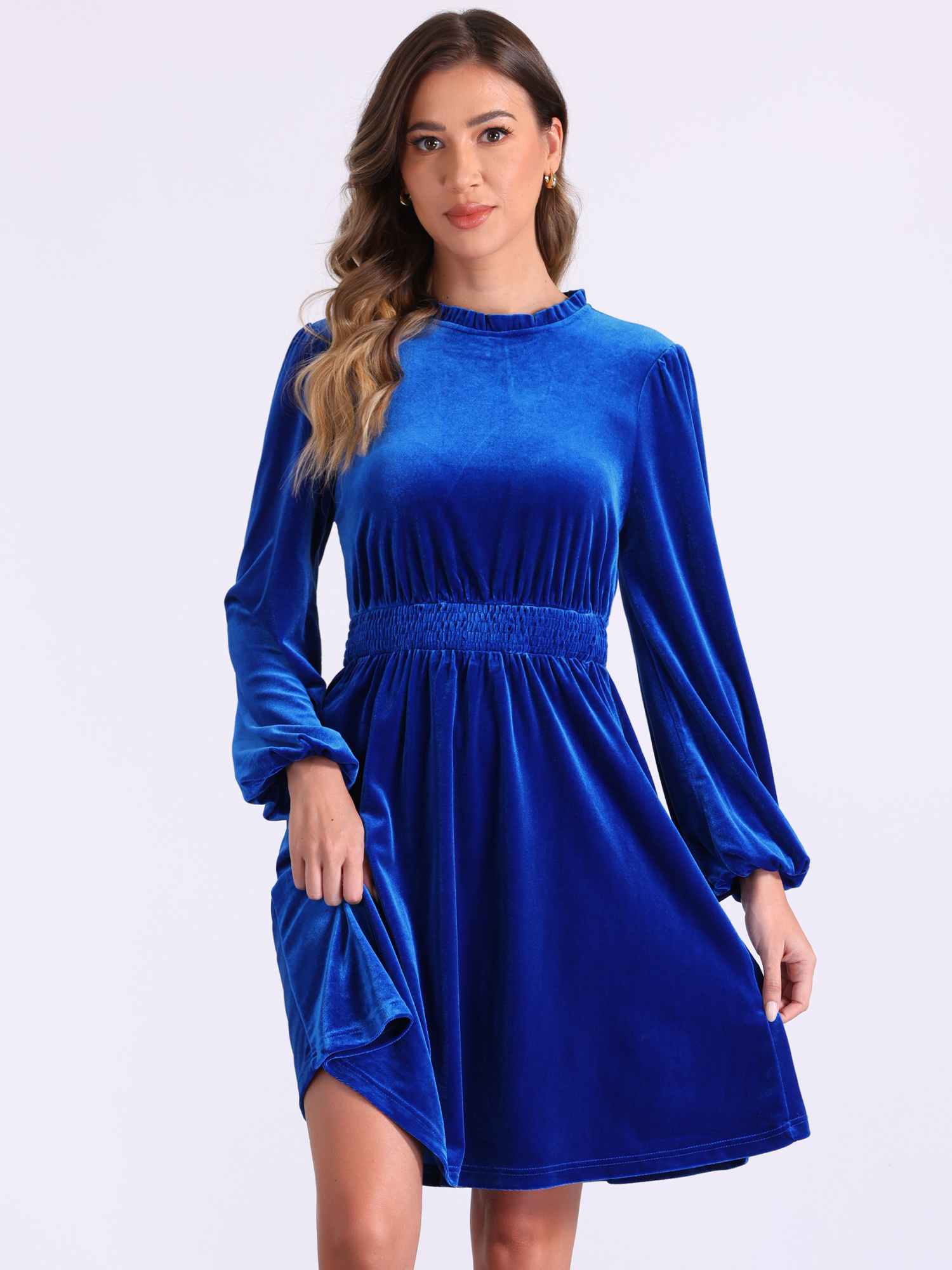 Velvet Smocked Waistline Long Sleeve Midi Dress Blue/XL