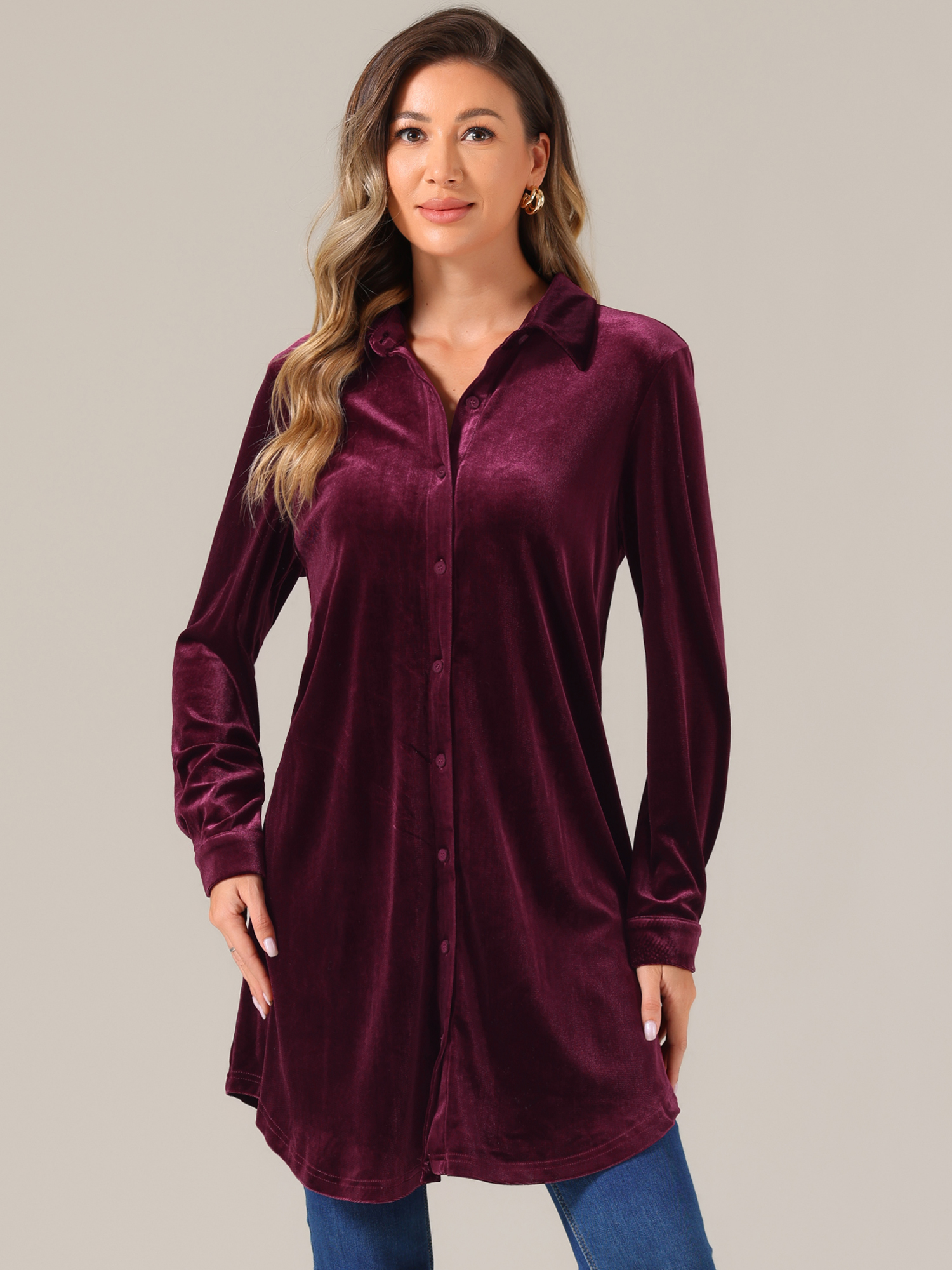 Velvet Button Down Long Sleeve Lapel Tunic Tops Dark Purple Red/S