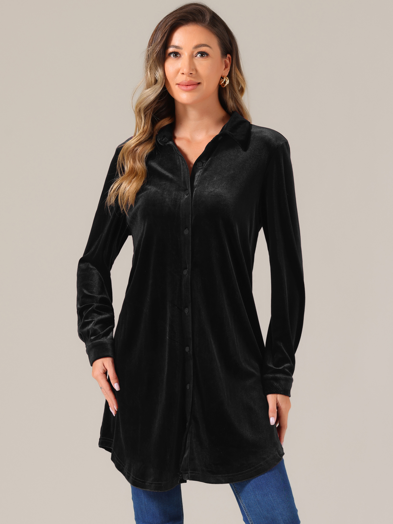 Velvet Button Down Long Sleeve Lapel Tunic Tops Black/S