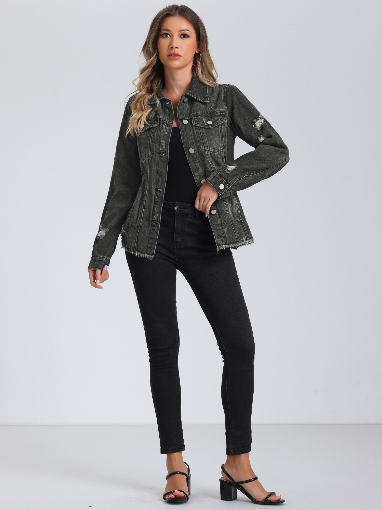 Denim Frayed Washed Pockets Button Down Jean Jacket Black/L