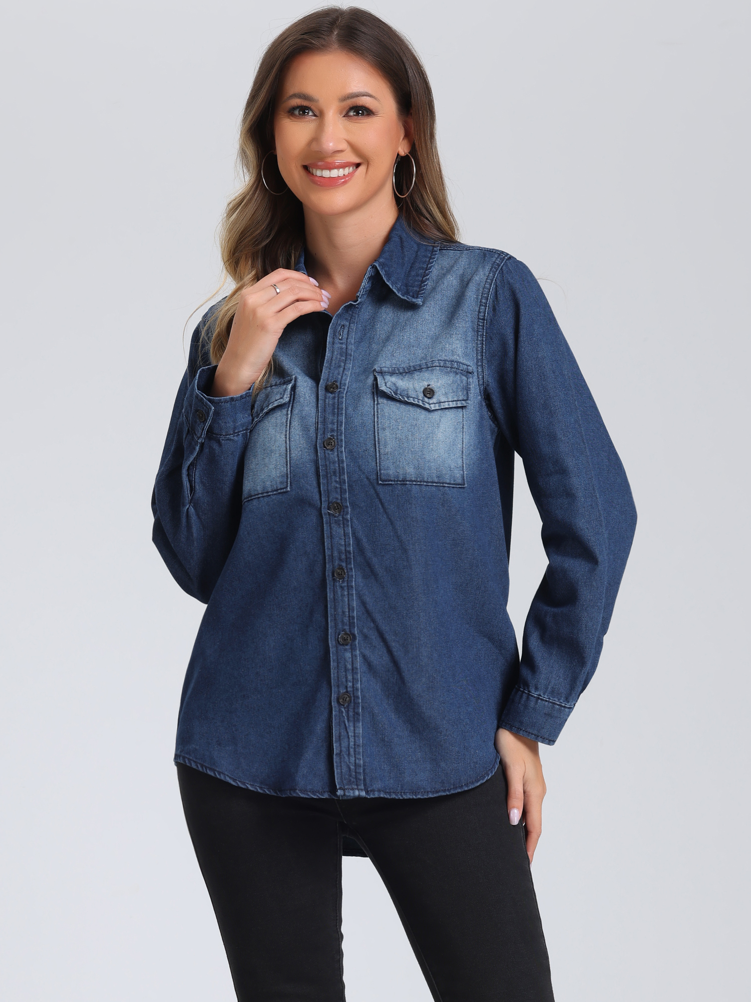Collar Denim Button Down Long Sleeve Oversized Casual Jean Jackets Blue/M