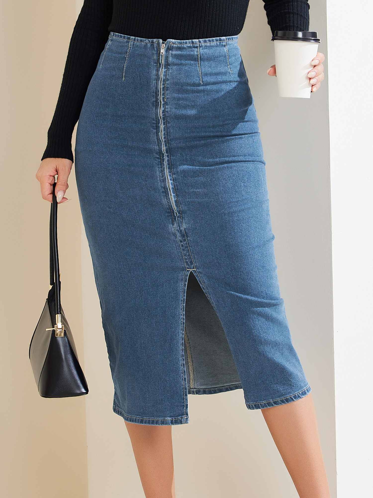 Denim Front Slit Zipper High Waist Bodycon Midi Jean Skirt Blue/XL