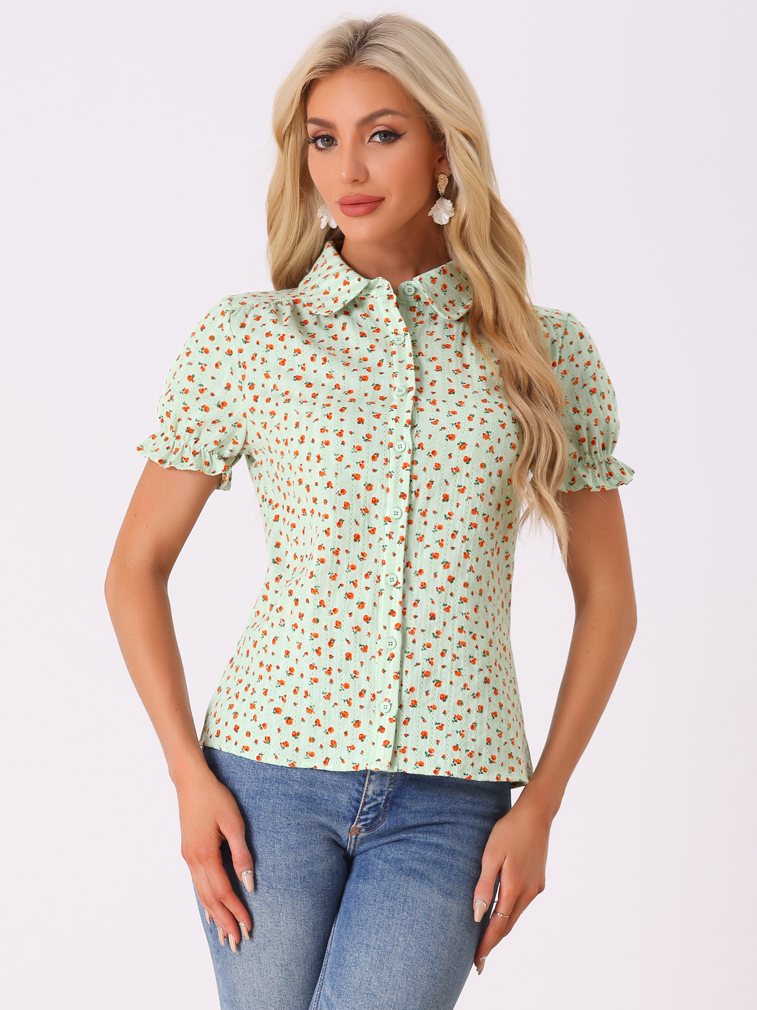 Floral Printed Peter Pan Collar Cotton Short Sleeve Shirt Light Green/M