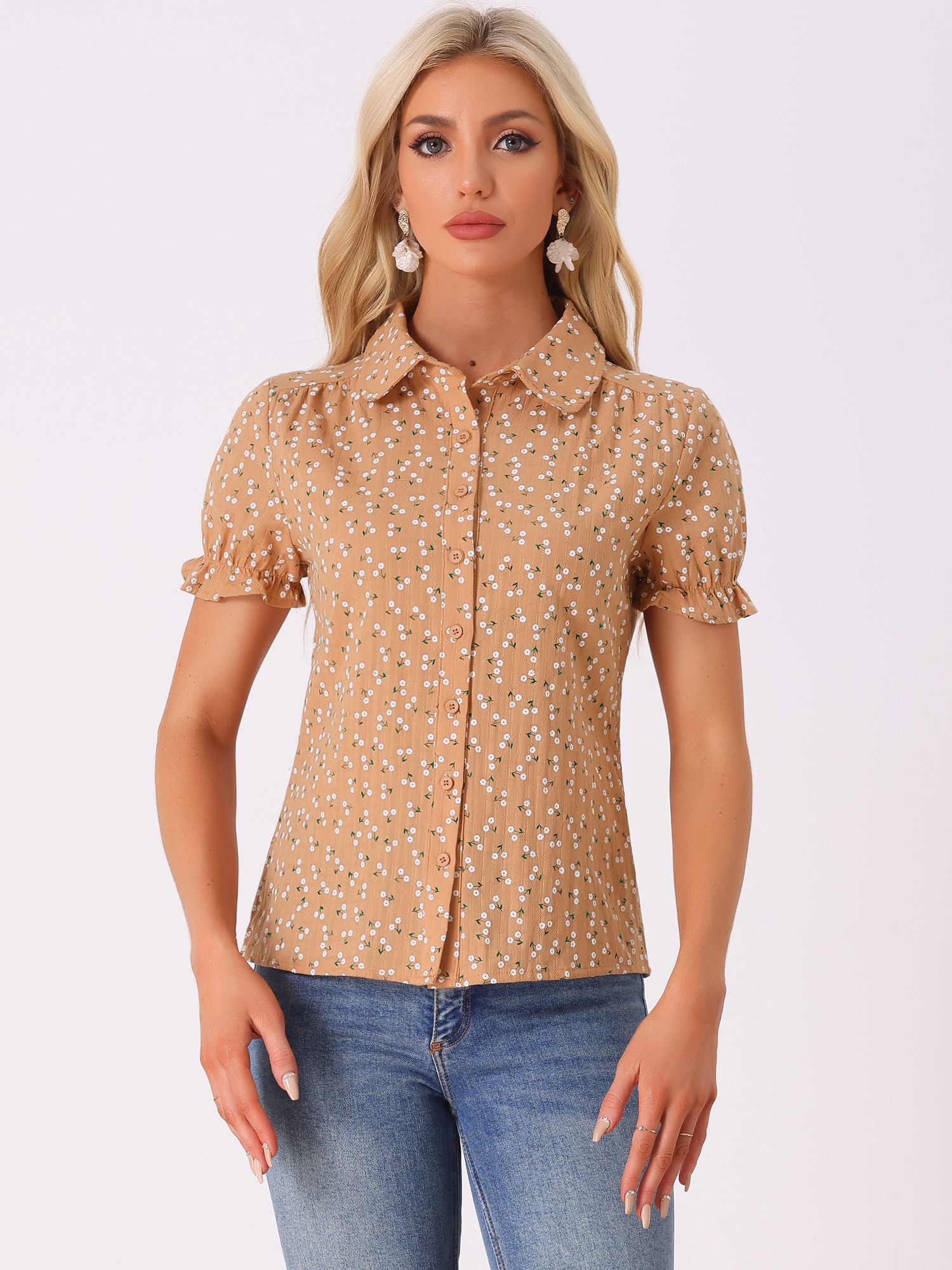Floral Printed Peter Pan Collar Cotton Short Sleeve Shirt Light Orange/L