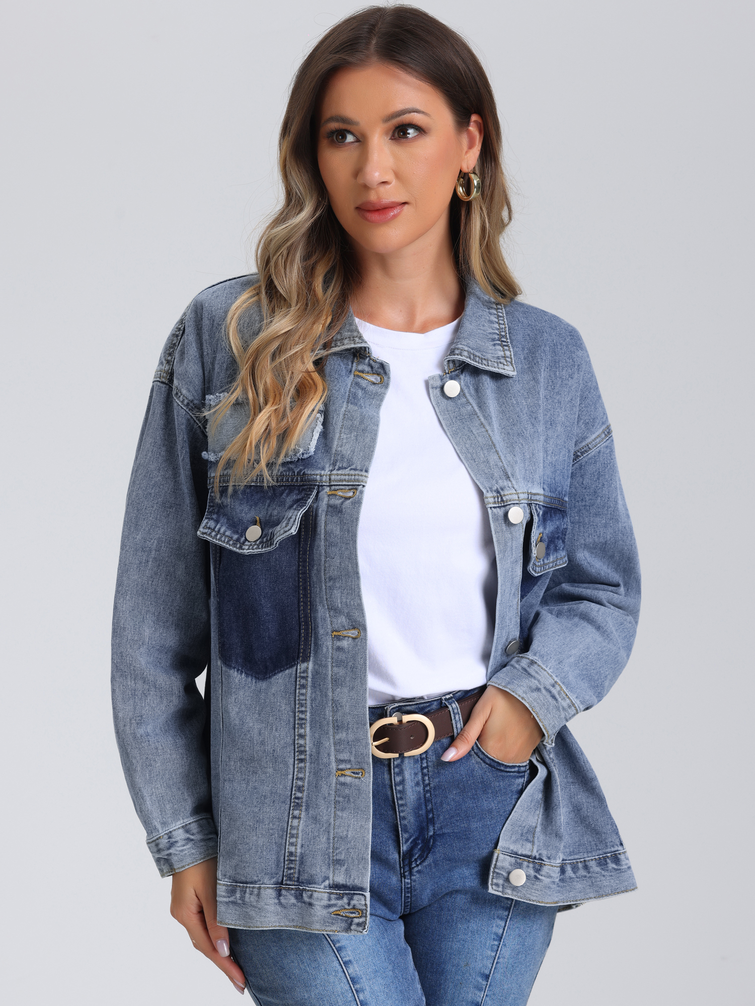 Button Up Long Sleeve Bead Decor Trendy Denim Trucker Jean Jacket Grey Blue/M