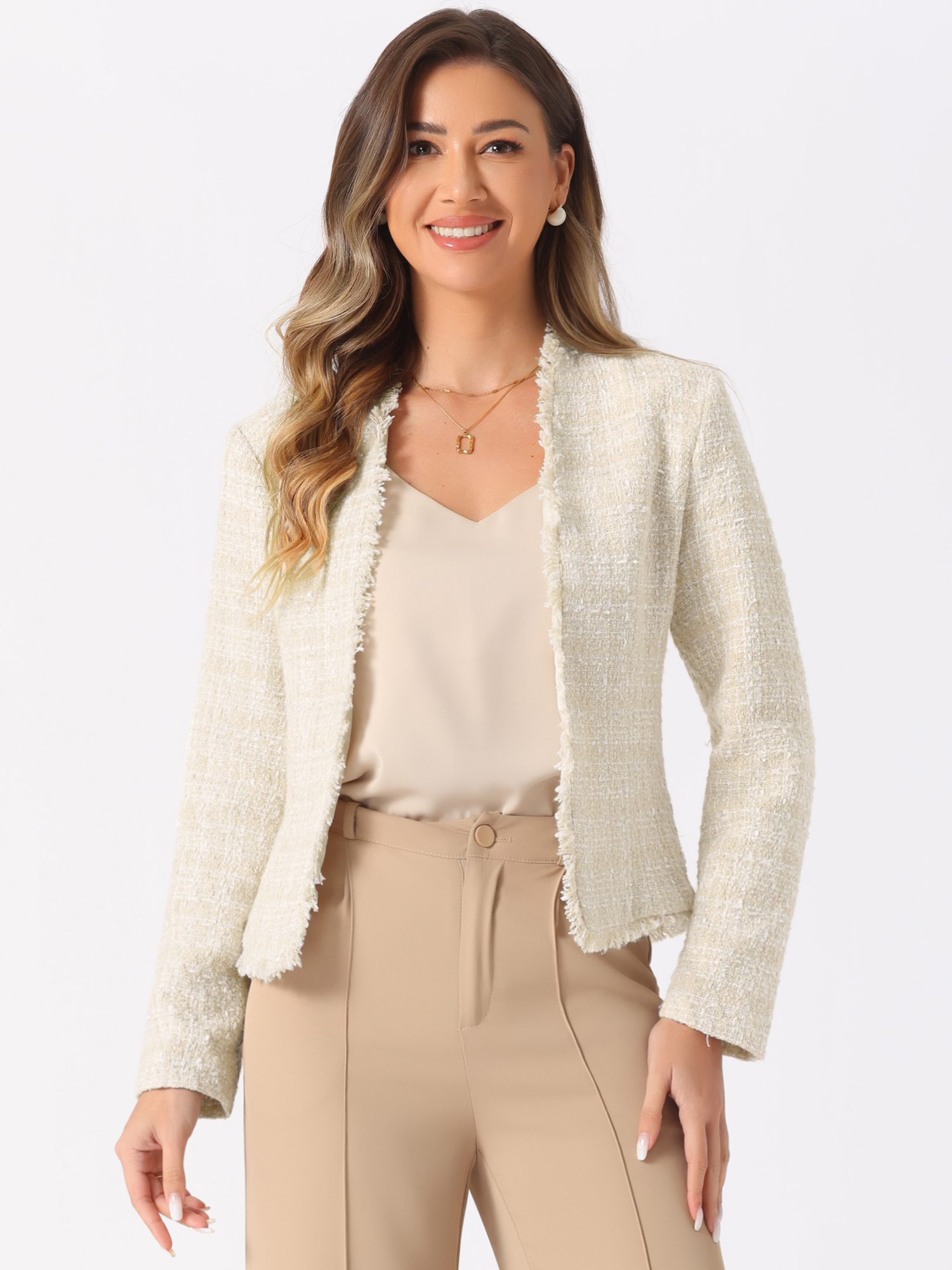 Plaid Tweed Long Sleeve Open Front Work Office Jacket Beige/XS