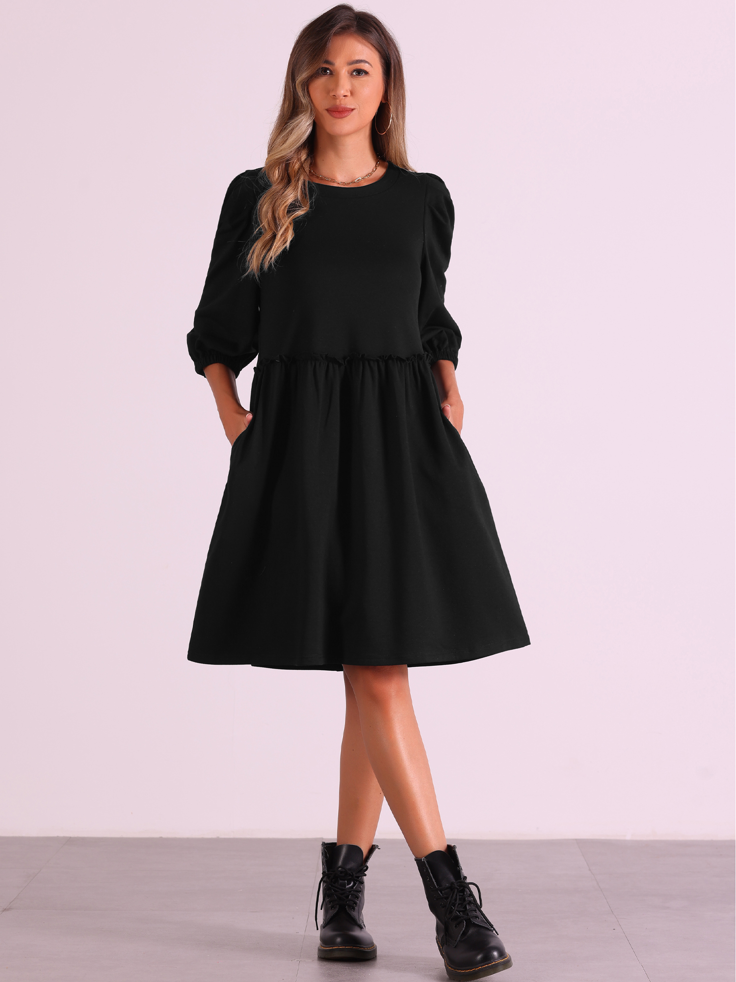 Scoop Neck Pocket Puff Sleeves Ruched Casual Midi Dress Black/M