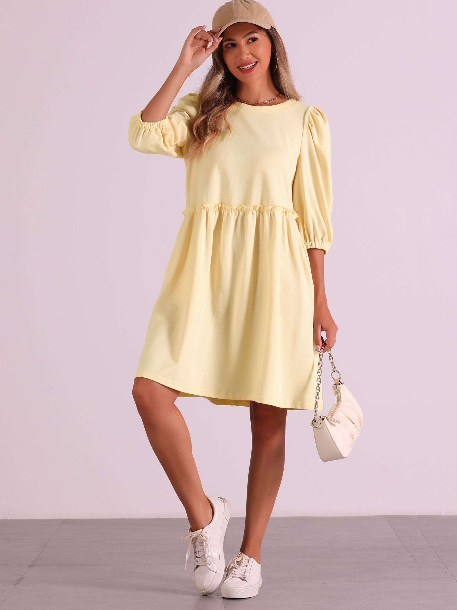 Scoop Neck Pocket Puff Sleeves Ruched Casual Midi Dress Pale Yellow/S