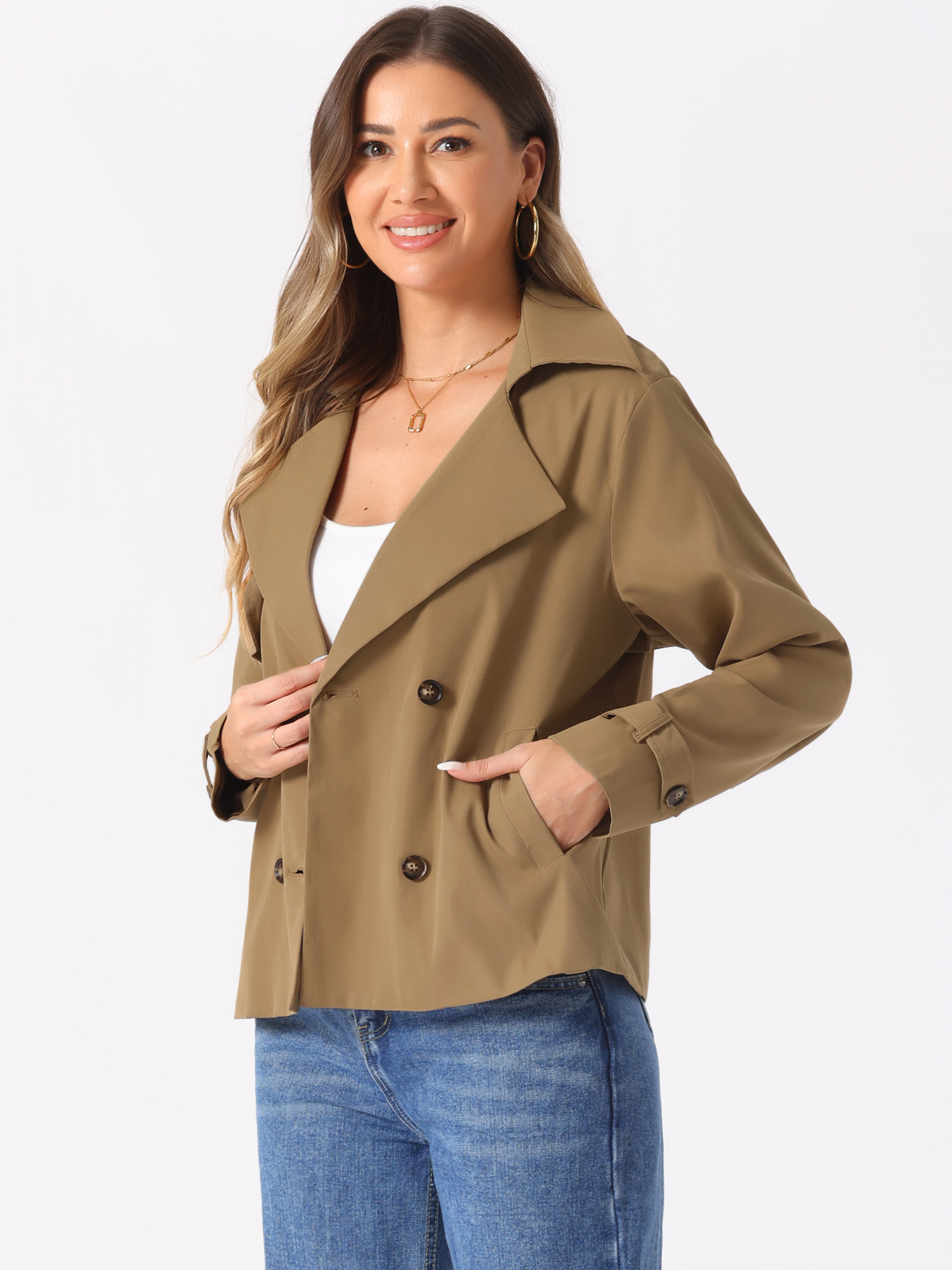 Notched Lapel Double Breasted Short Trench Coat Jacket Brown/L