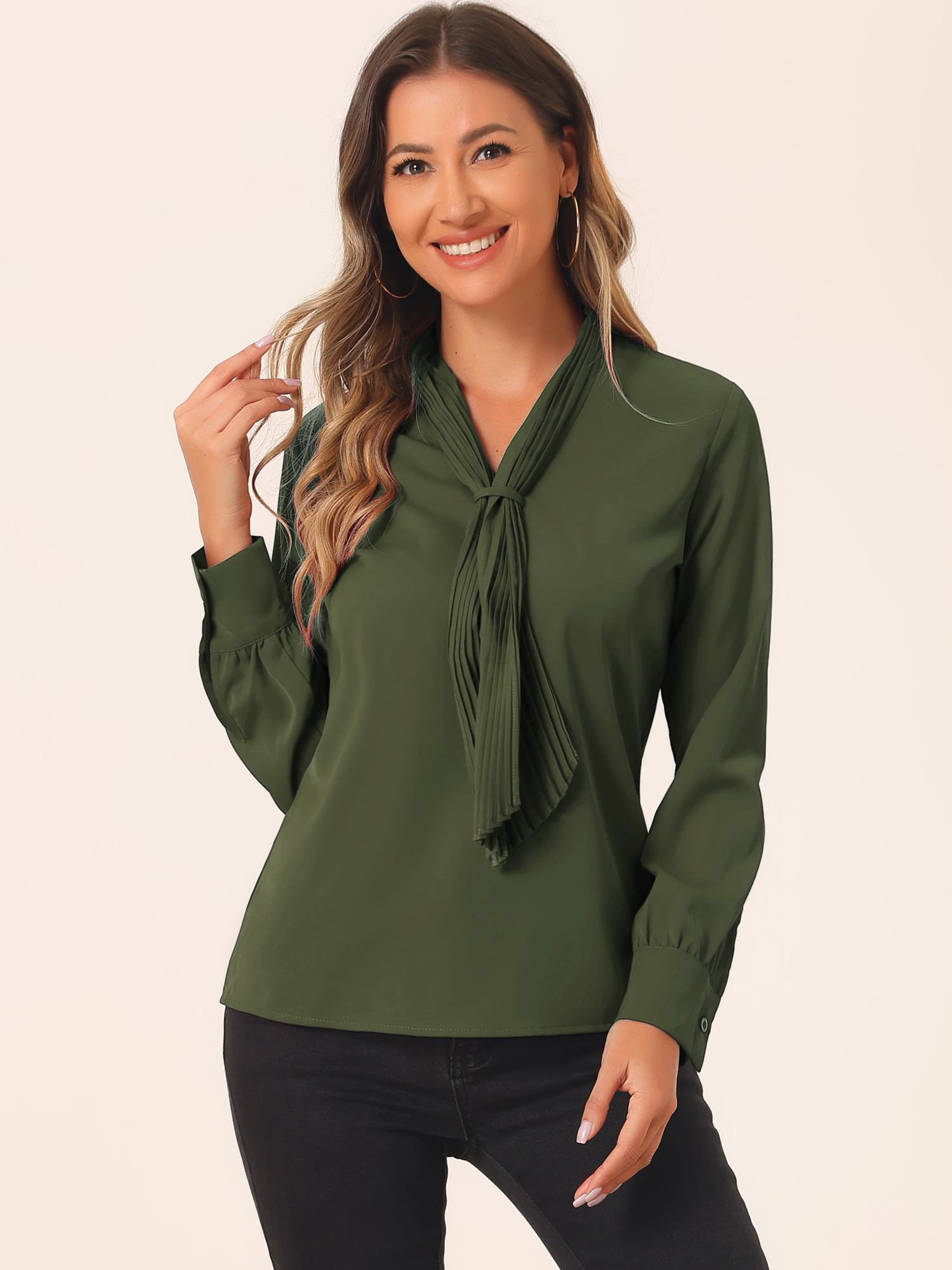 Long Sleeve Chiffon Pleated Tie Neck Office Blouse Army Green/XS
