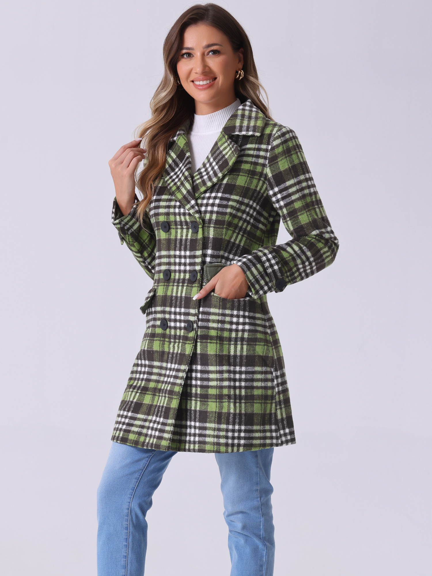 Buffalo Checks Double Breasted Notched Lapel Plaid Trench Pea Coat Light Green/L