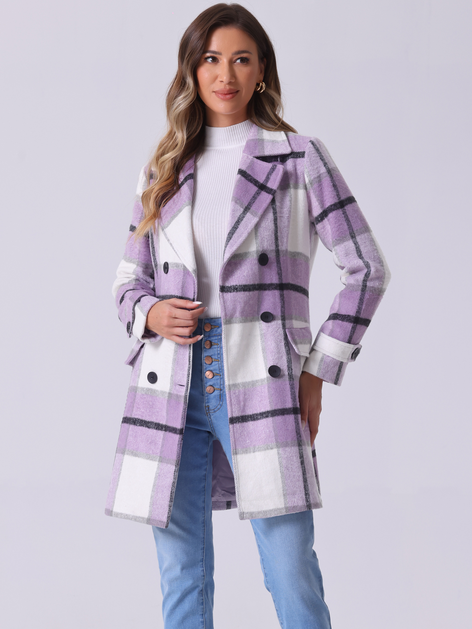 Buffalo Checks Double Breasted Notched Lapel Plaid Trench Pea Coat Purple/S