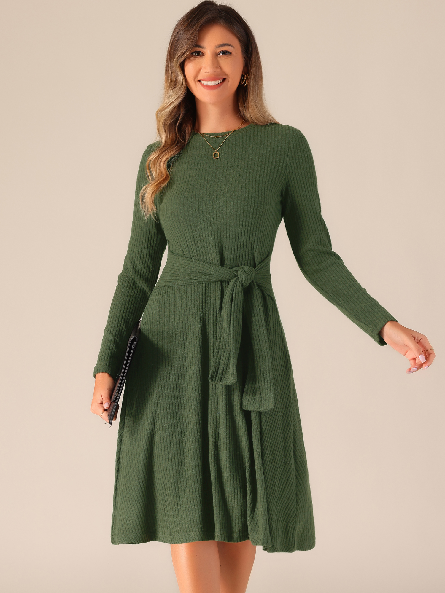 Ribbed Knit Crew Neck Long Sleeve Midi Sweater Dress Dark Green/S