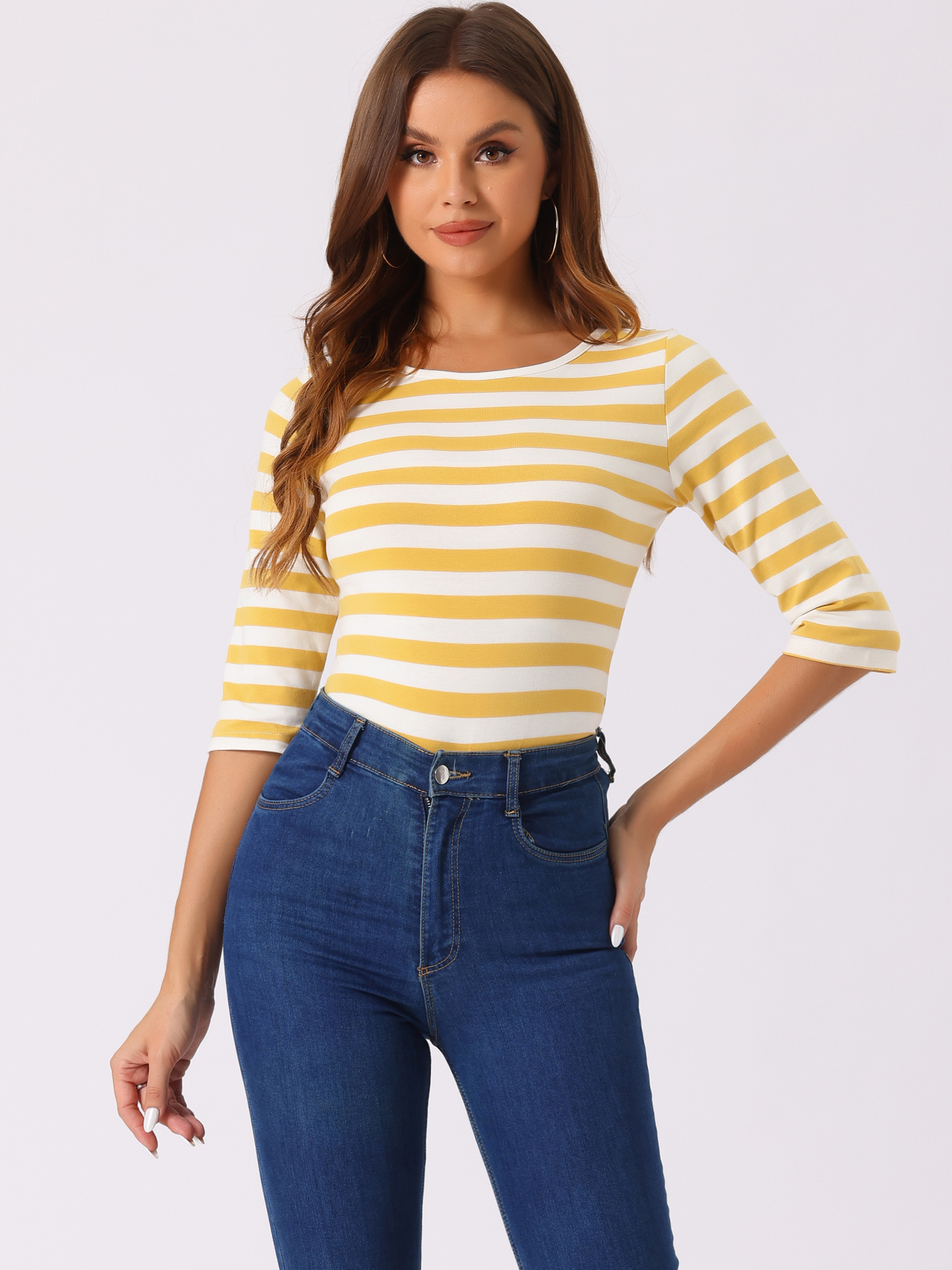 3/4 Sleeve Round Neck Casual Striped T-Shirt Yellow White/M