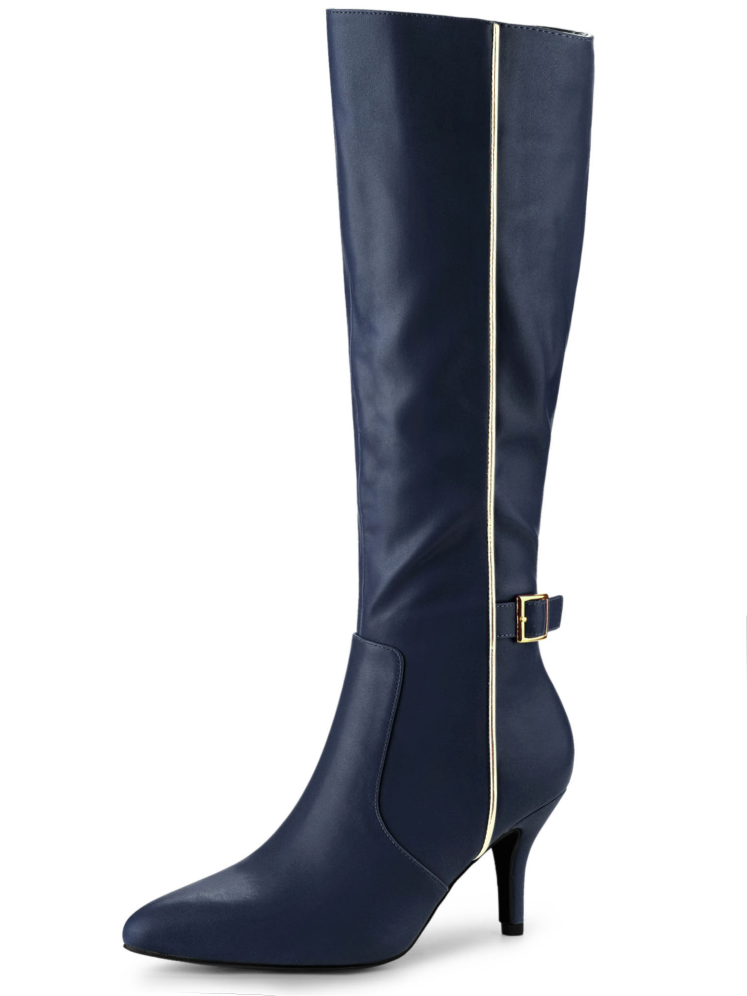 Pointy Toe Buckle Stiletto Heel Knee High Boots Navy Blue/11
