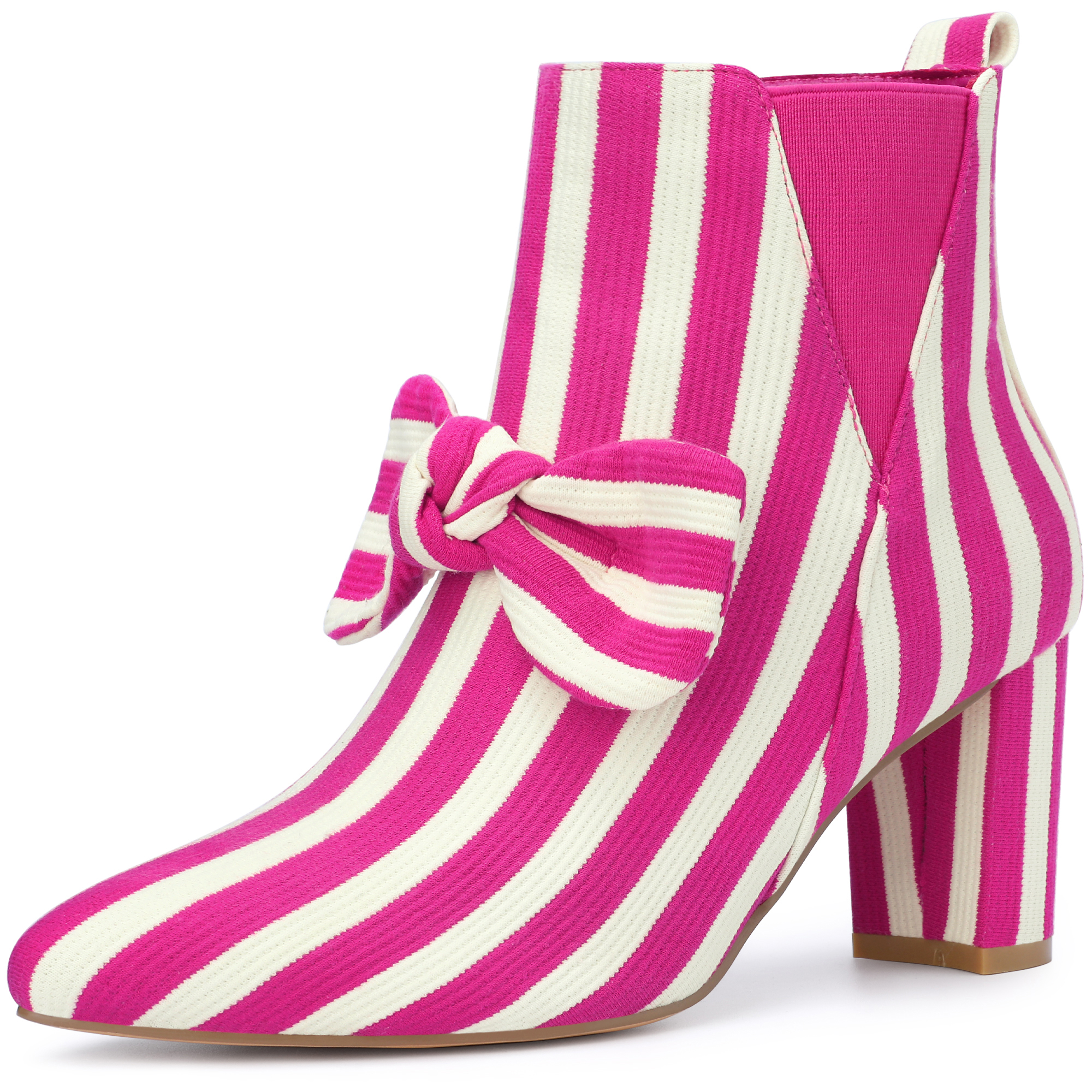 Pointed Toe Zip Striped Chunky Heel Ankle Boots Hot Pink/7