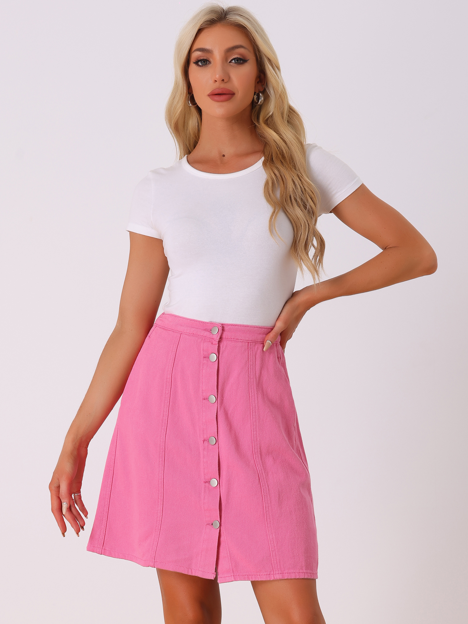 Casual Short Button Down Jeans Skirt Hot Pink/M