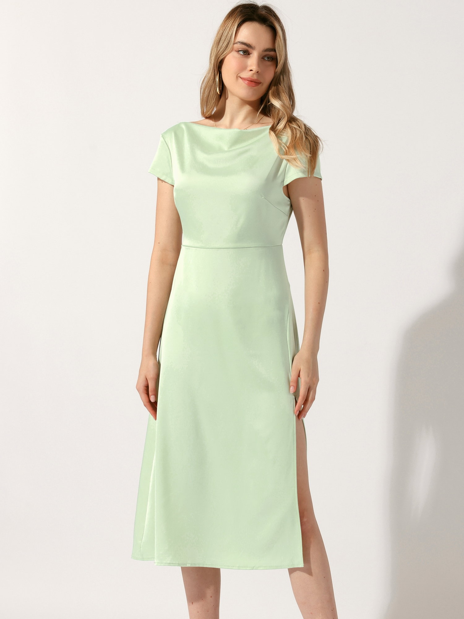Cowl Neck Cap Sleeve Twist Cut-Out Backless Slit Midi Satin Dress Light Green/L