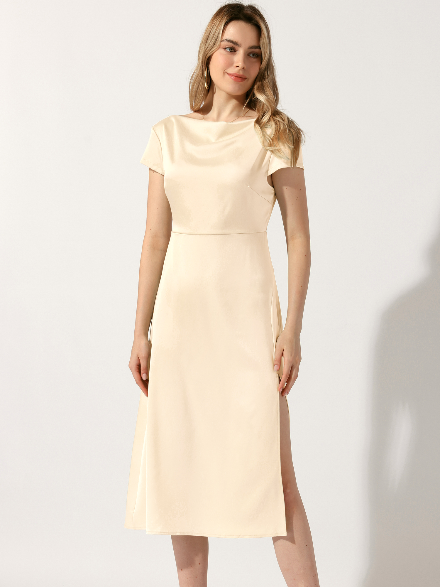 Cowl Neck Cap Sleeve Twist Cut-Out Backless Slit Midi Satin Dress Champagne/L
