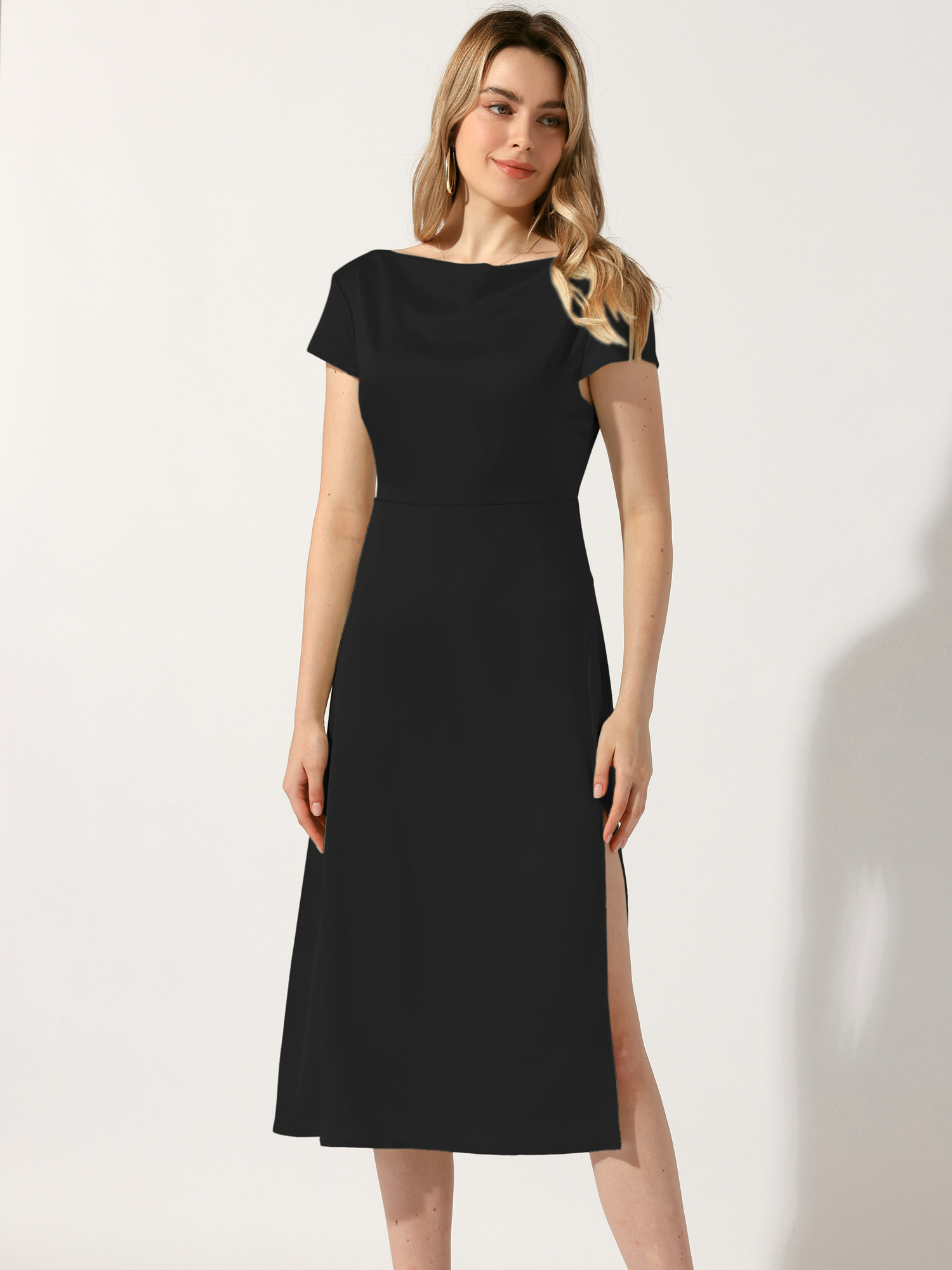 Cowl Neck Cap Sleeve Twist Cut-Out Backless Slit Midi Satin Dress Black/M