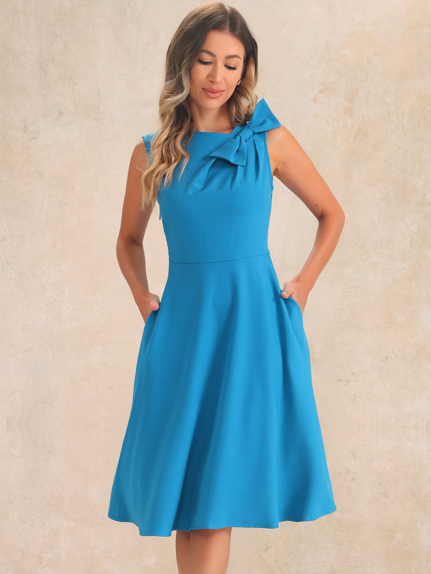 Flared Sleeveless Bowknot Midi A-Line Formal Dress Lake Blue/L